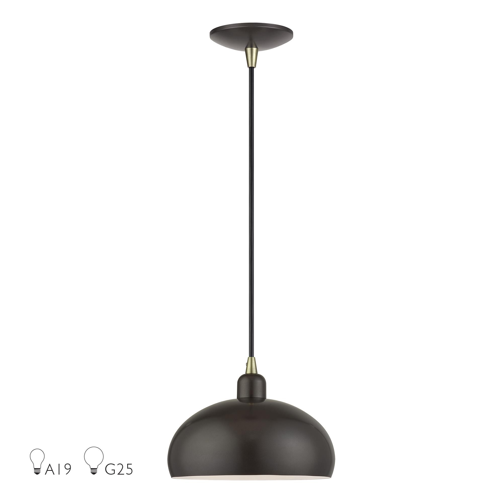Shown in English Bronze with Antique Brass Accents finish and English Bronze Steel with Shiny White Inside shade