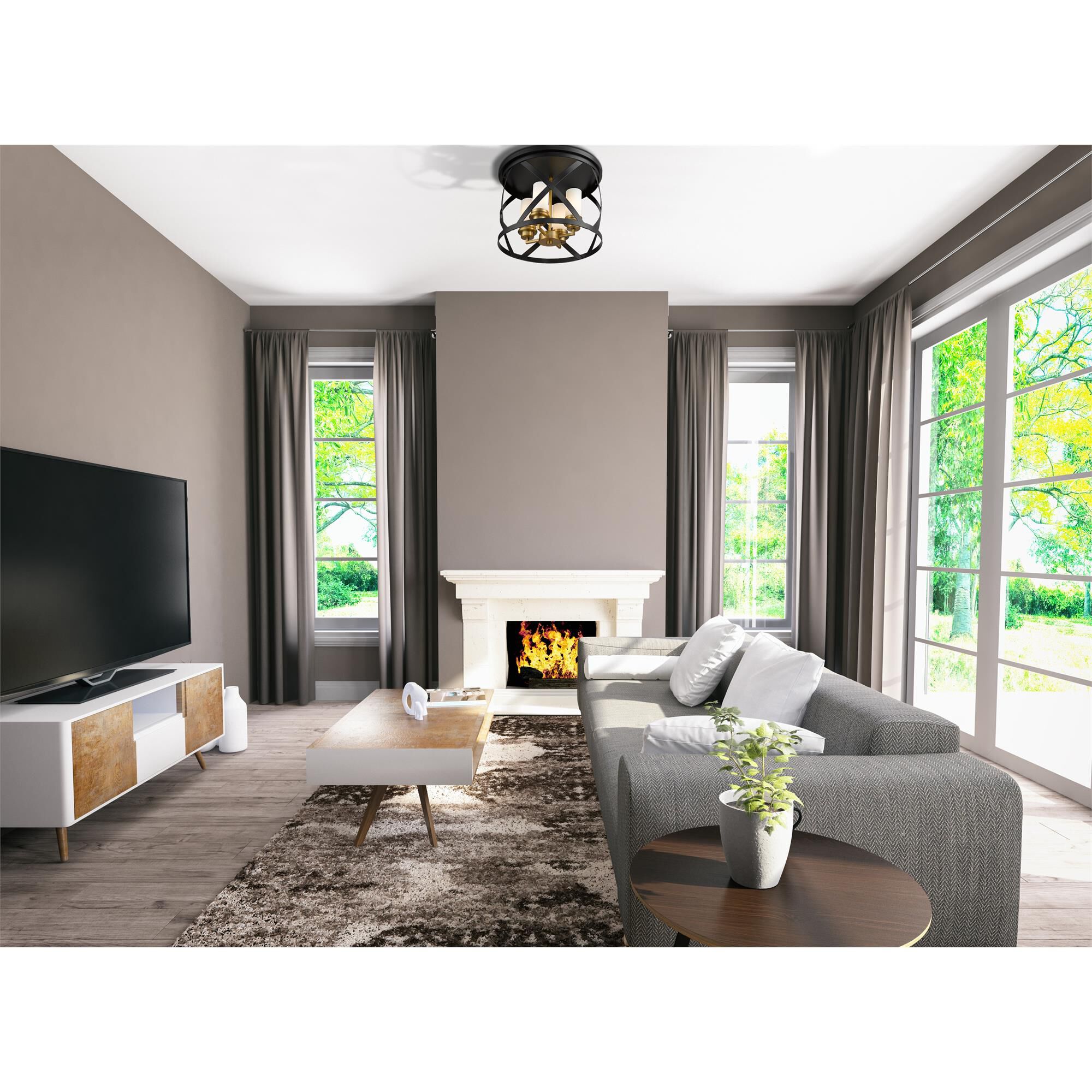 Shown in Matte Black + Olde Brass finish and Glass shade