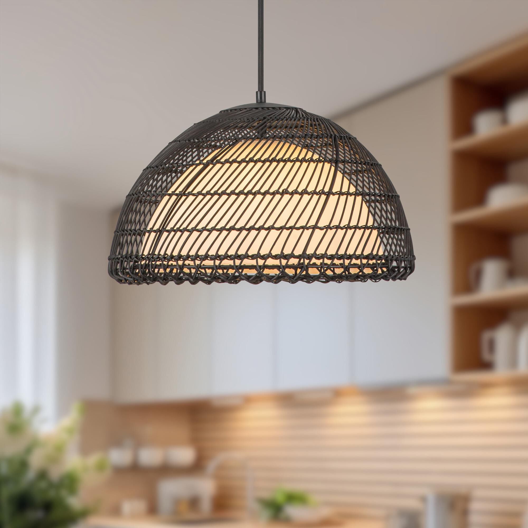 Shown in Matte Black finish and Opal glass and Rattan shade
