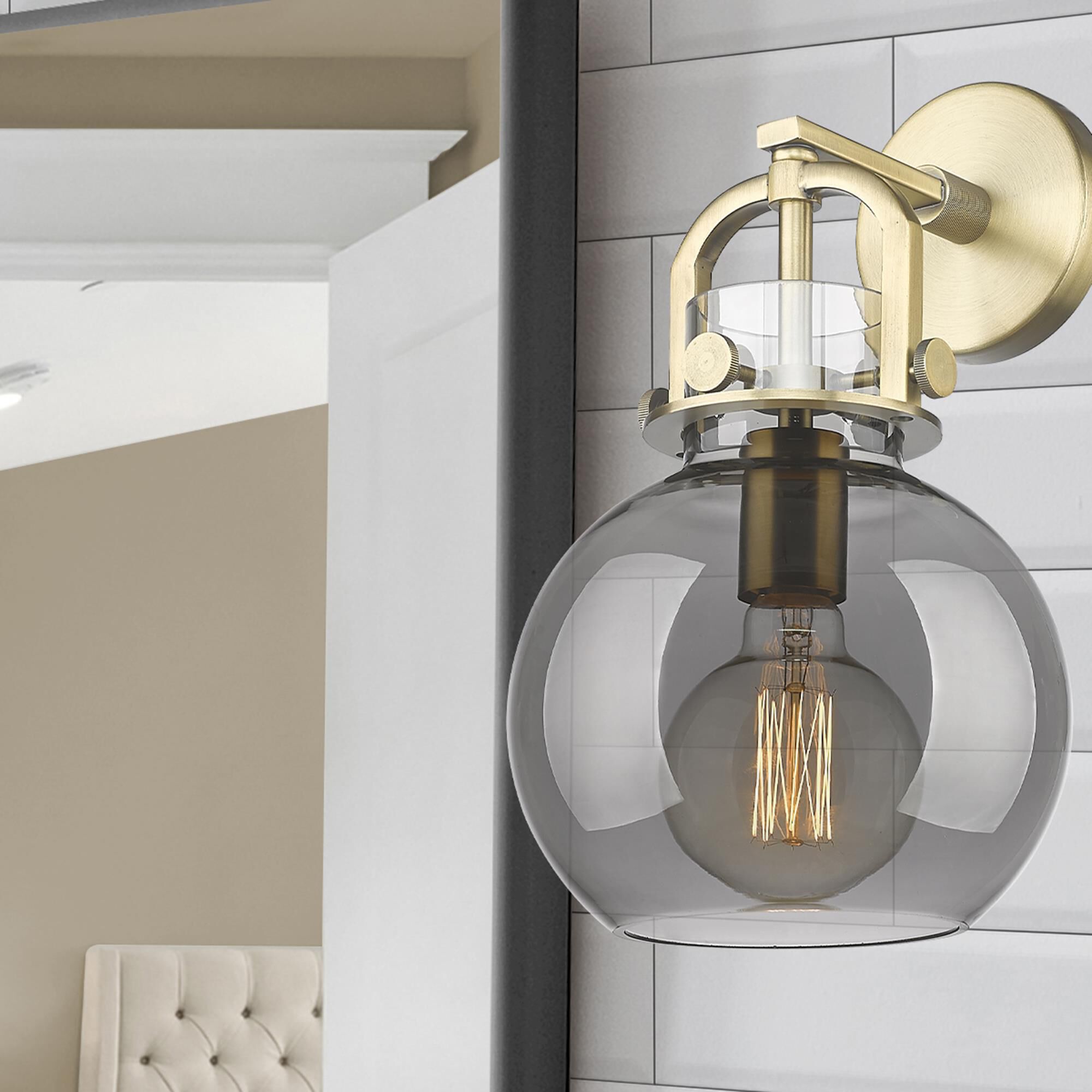 Shown in Brushed Brass finish and Plated Smoke glass