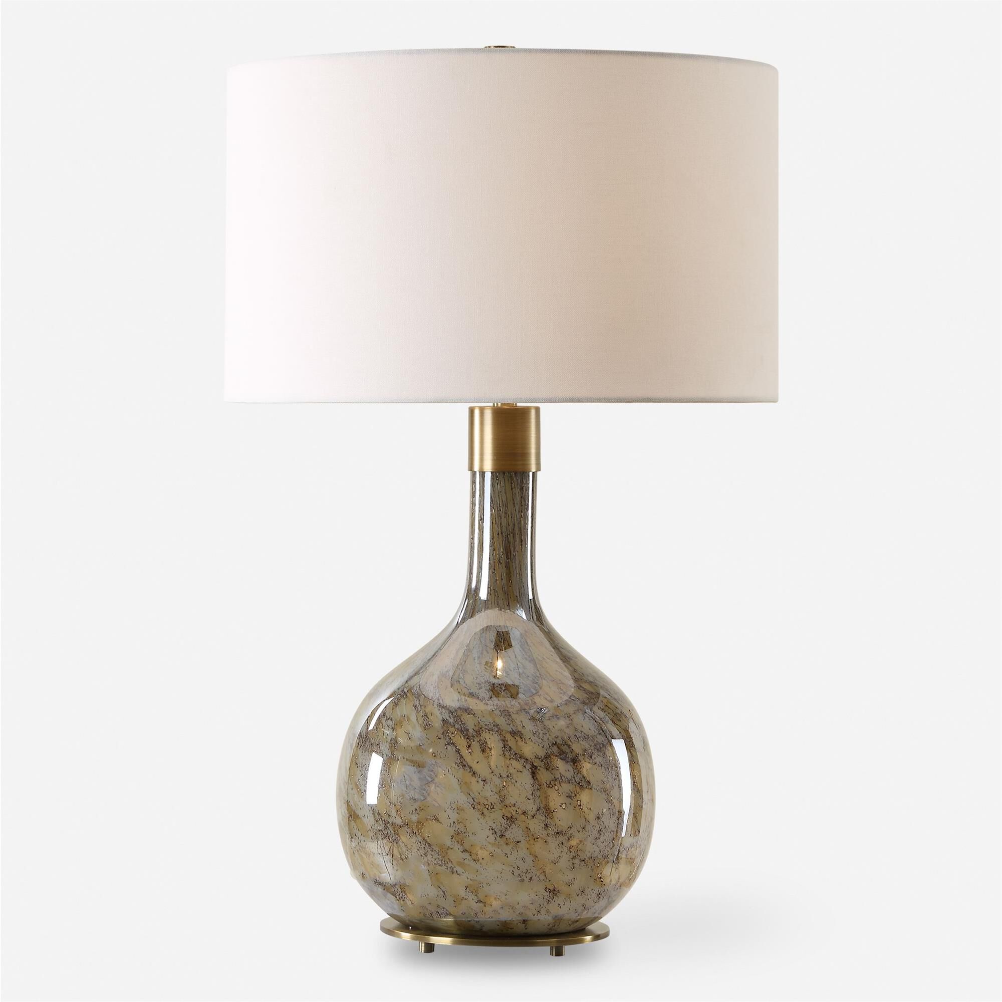 Shown in The Rhine Table Lamp Showcases A Seeded Glass Body In Warm Tones Of Light And Dark Browns Paired Wit finish and Round Drum Hardback shade