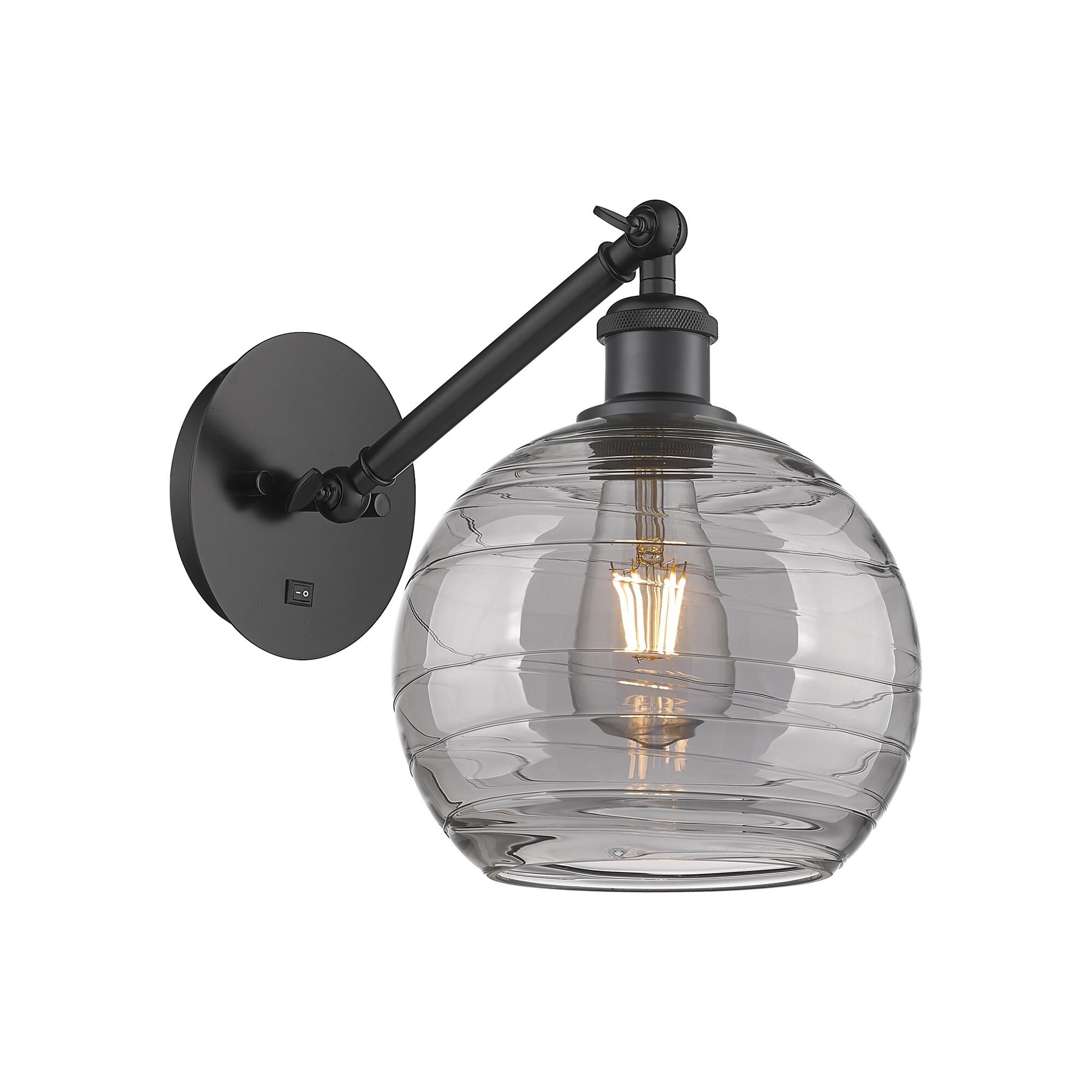 Shown in Matte Black finish and Light Smoke Deco Swirl glass