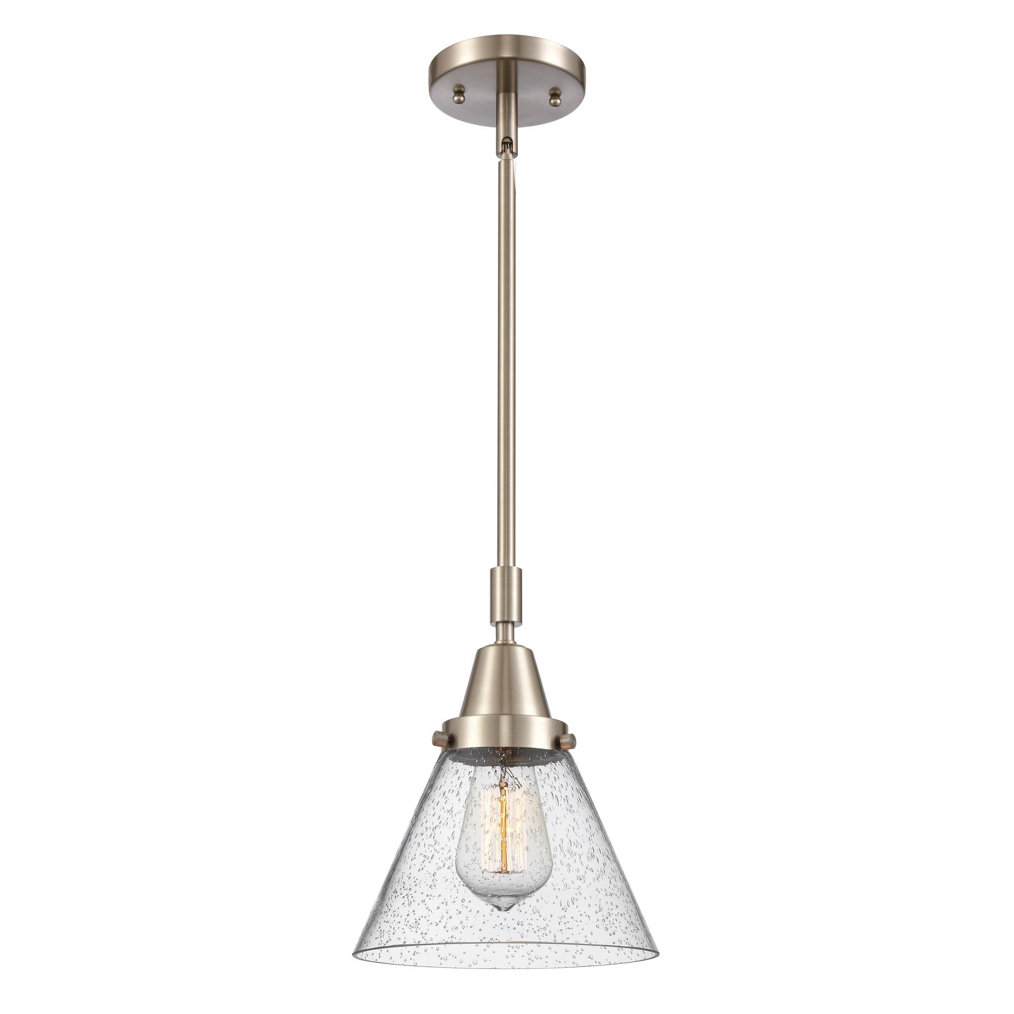 Shown in Brushed Satin Nickel finish and Seedy Large Cone glass