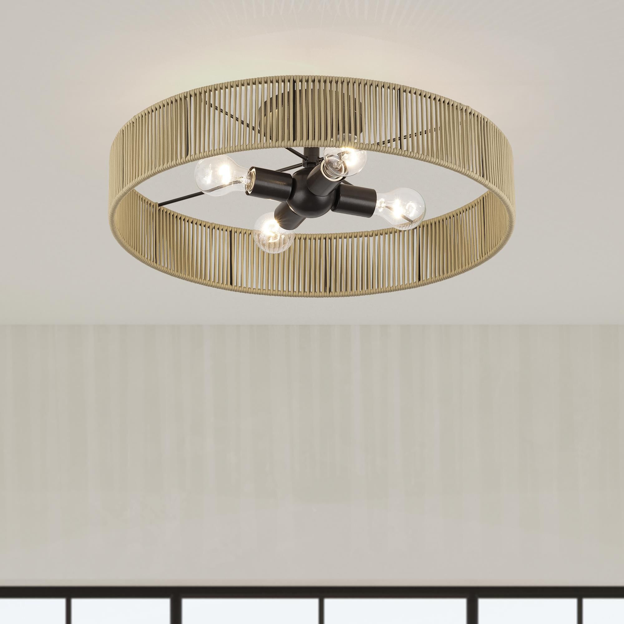 Shown in English Bronze finish and Hand-Woven Venetian Gold Color Polyester Rope shade