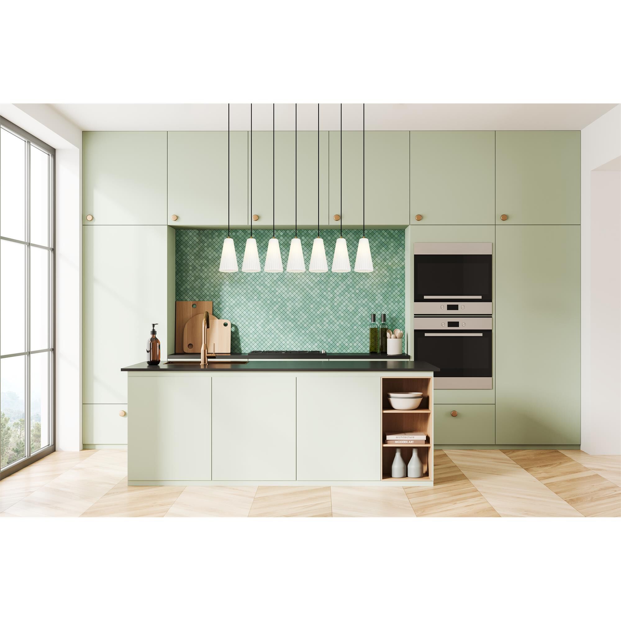Shown in Modern Gold finish and White glass and White shade