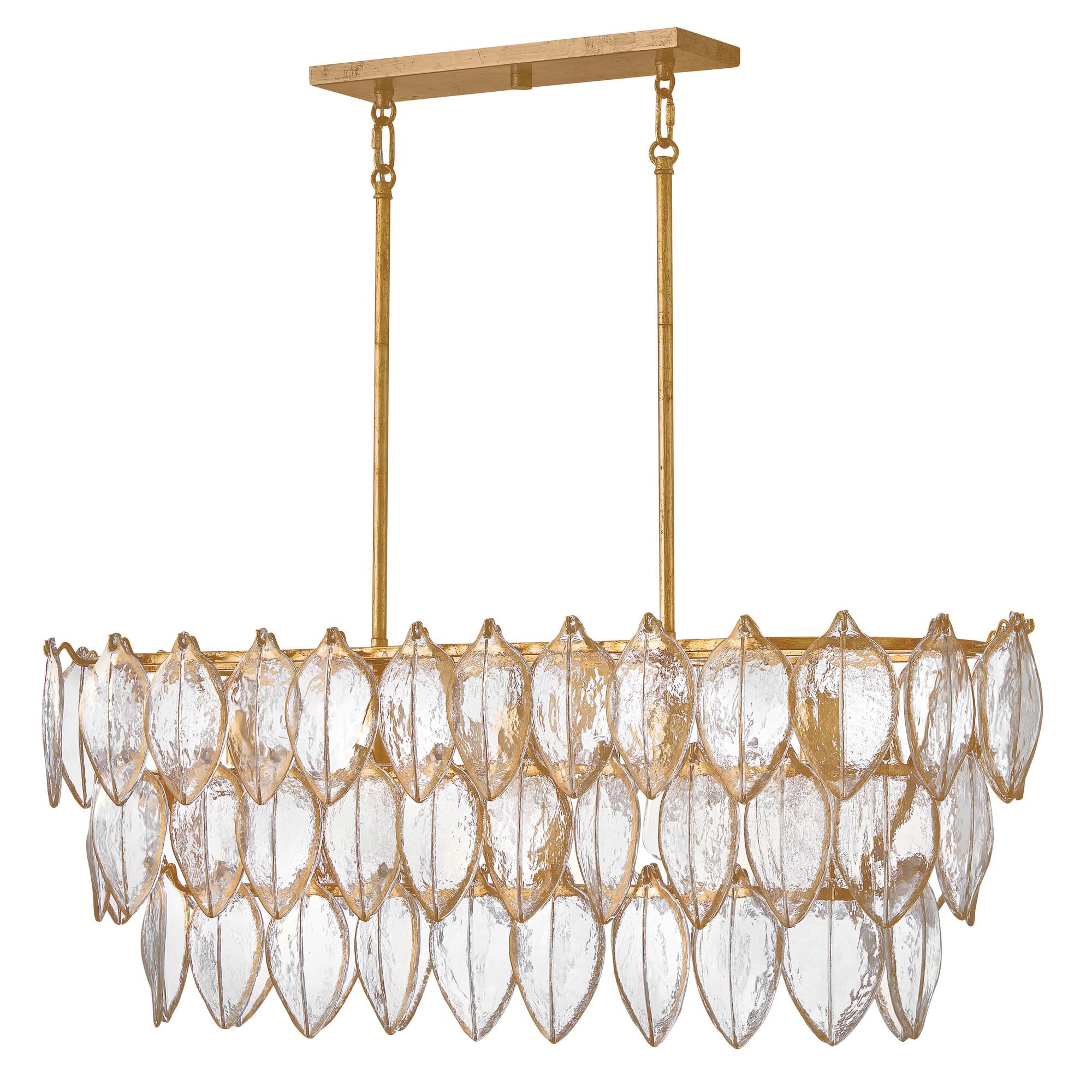 Shown in Distressed Brass finish and Clear Pressed glass