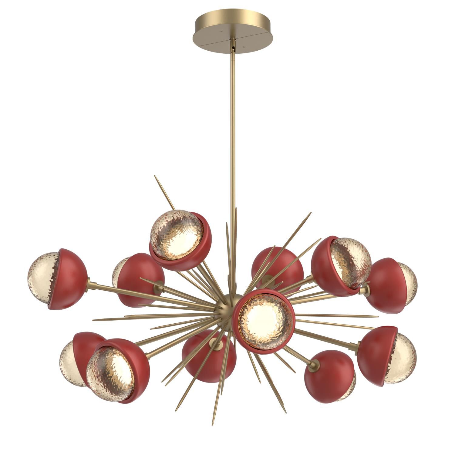Shown in Gilded Brass finish and Amber glass and Cinnamon Red accent