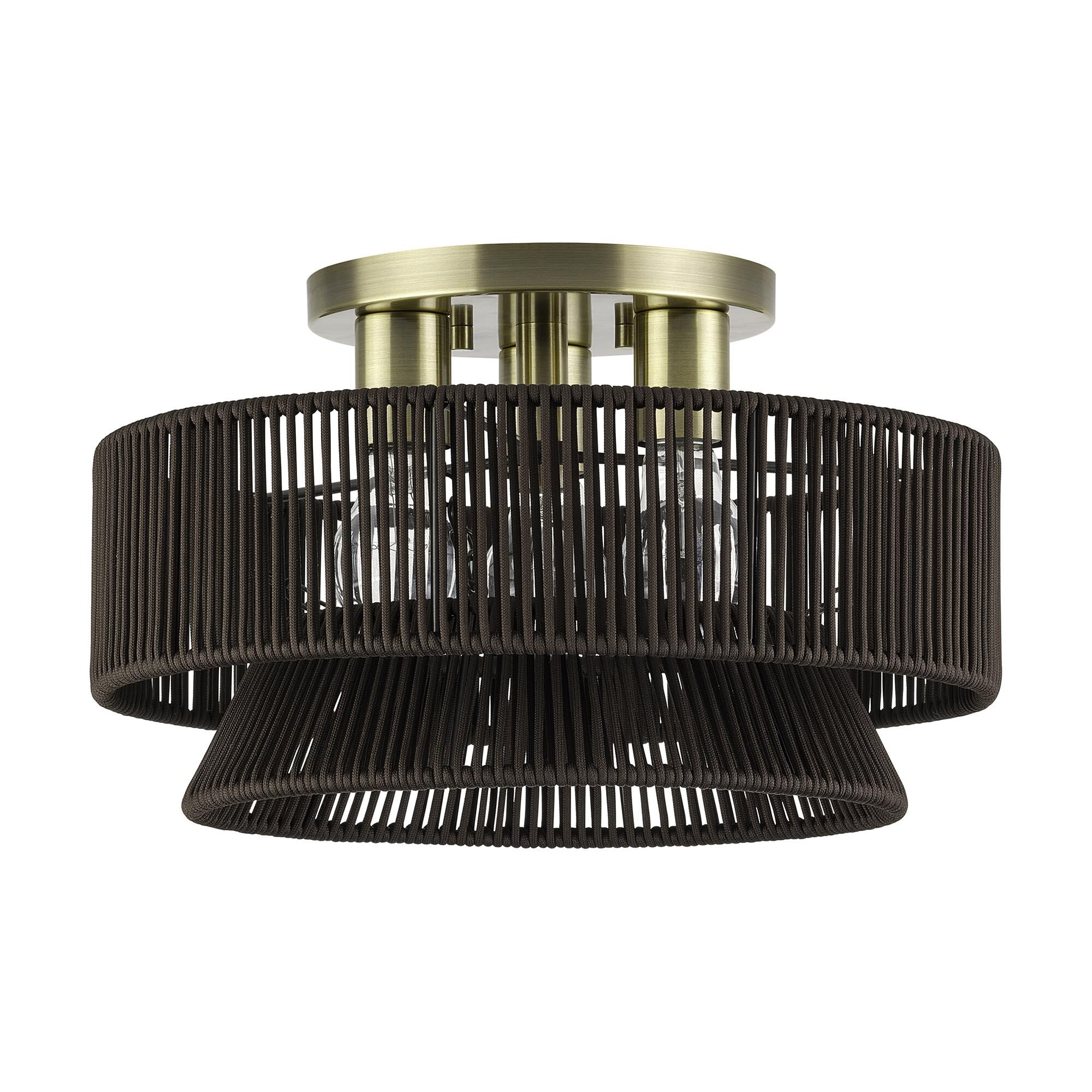 Shown in Antique Brass finish and Hand-Woven Dark Chocolate Color Polyester Rope shade