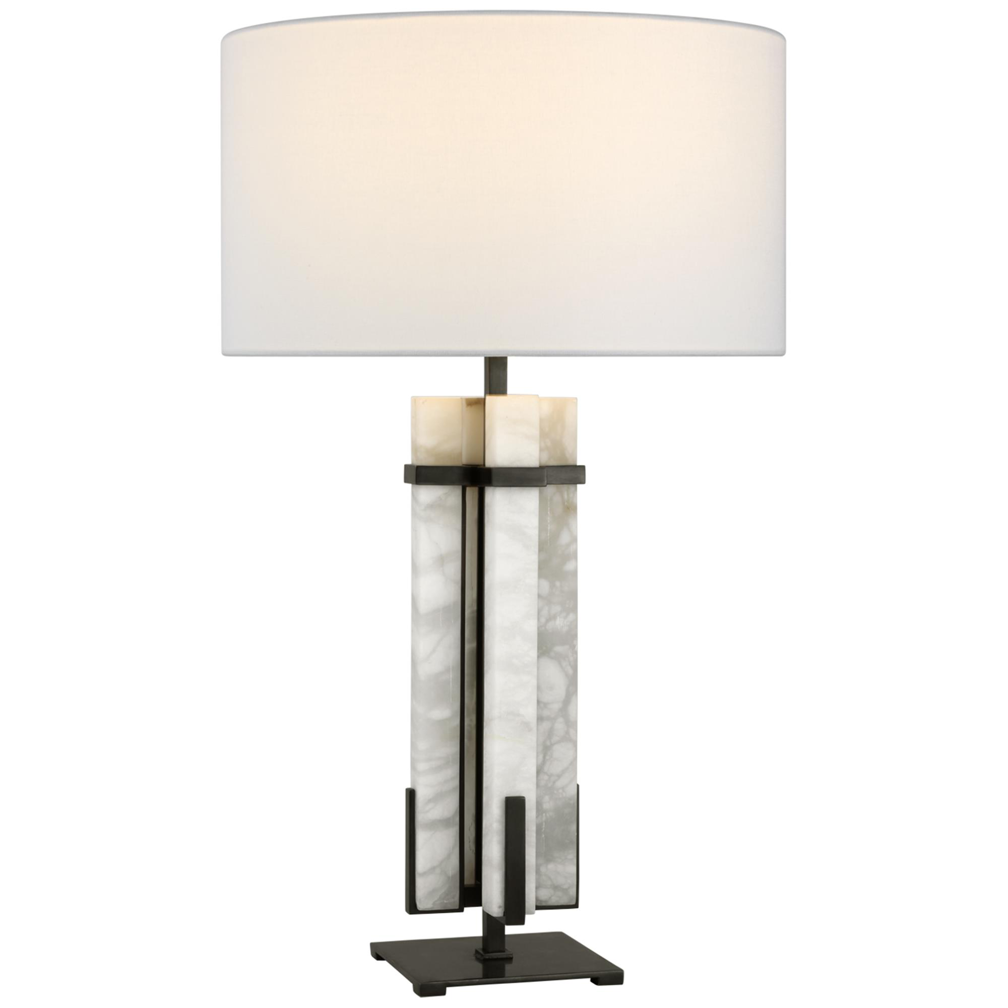 Shown in Bronze and Alabaster finish and Linen shade