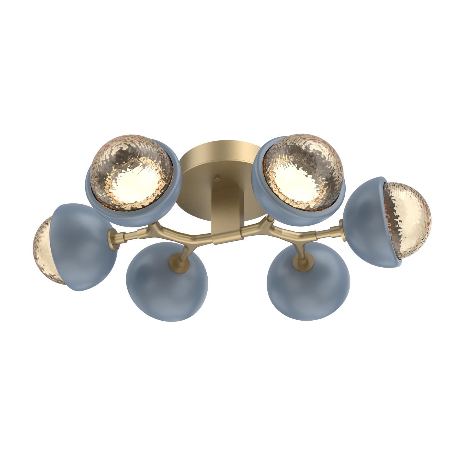 Shown in Gilded Brass finish and Amber glass and Poppy Blue accent
