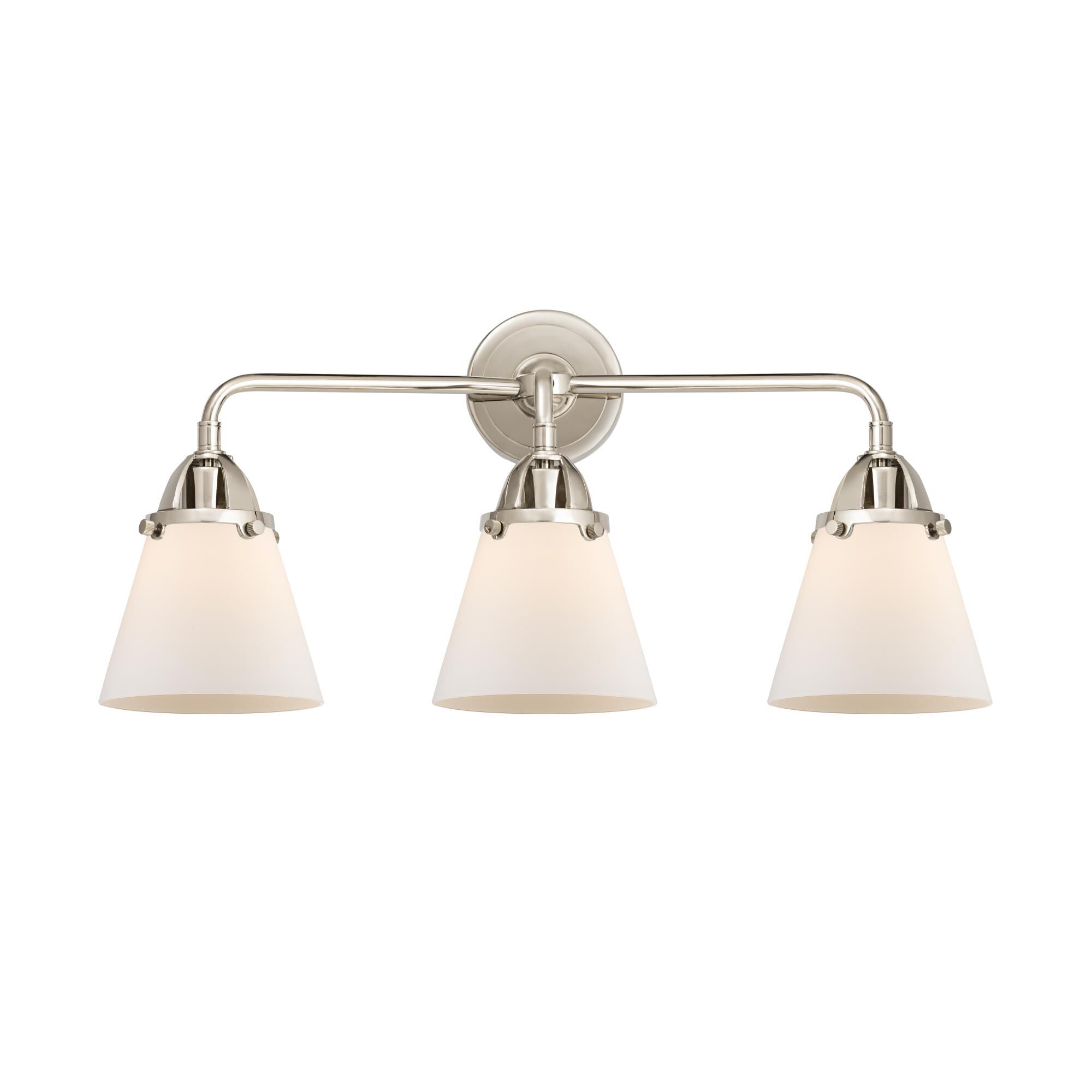 Shown in Polished Nickel finish and Matte White Cased Small Cone glass and No Shade shade