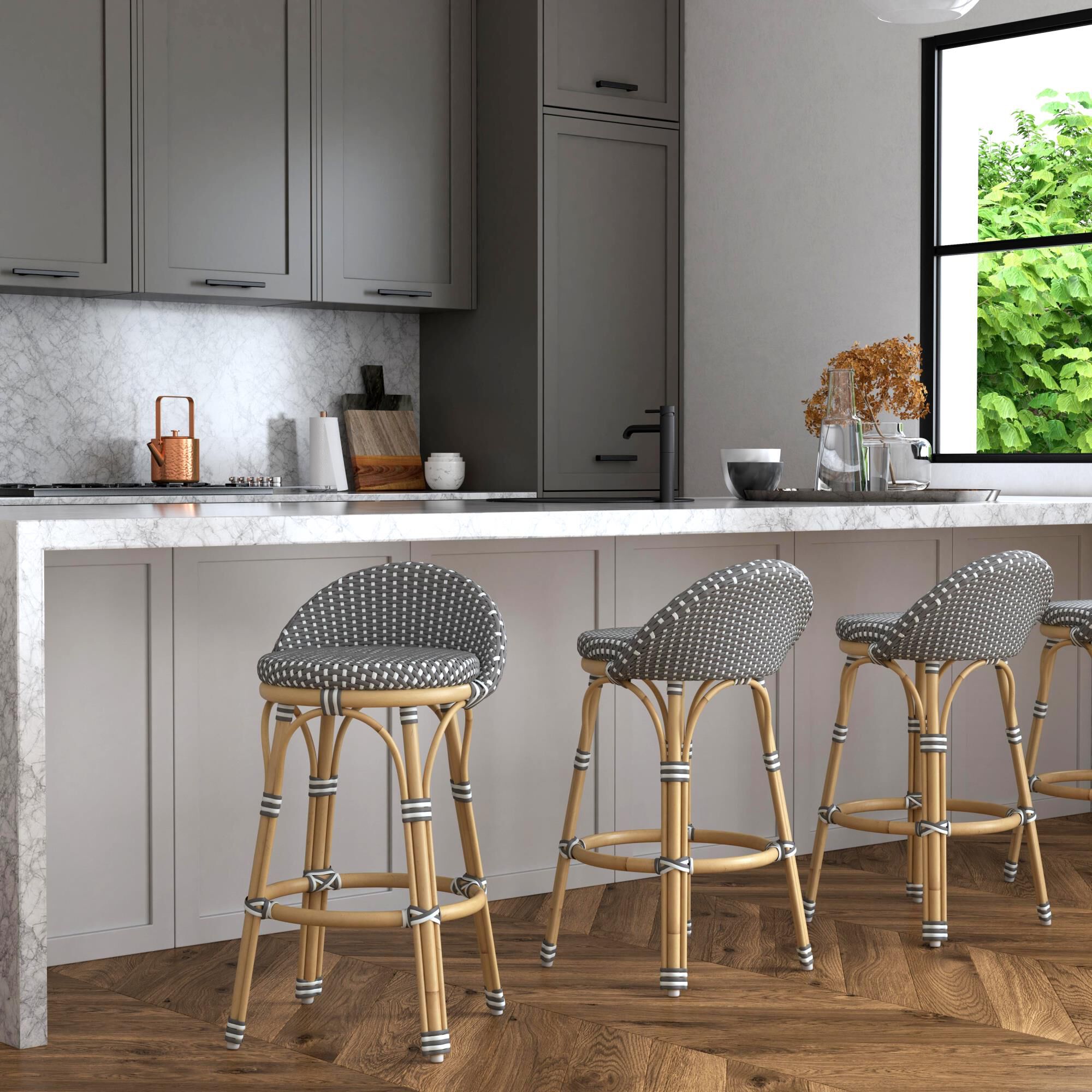 Shown in Gray, White Dot and Natural Rattan Frame finish