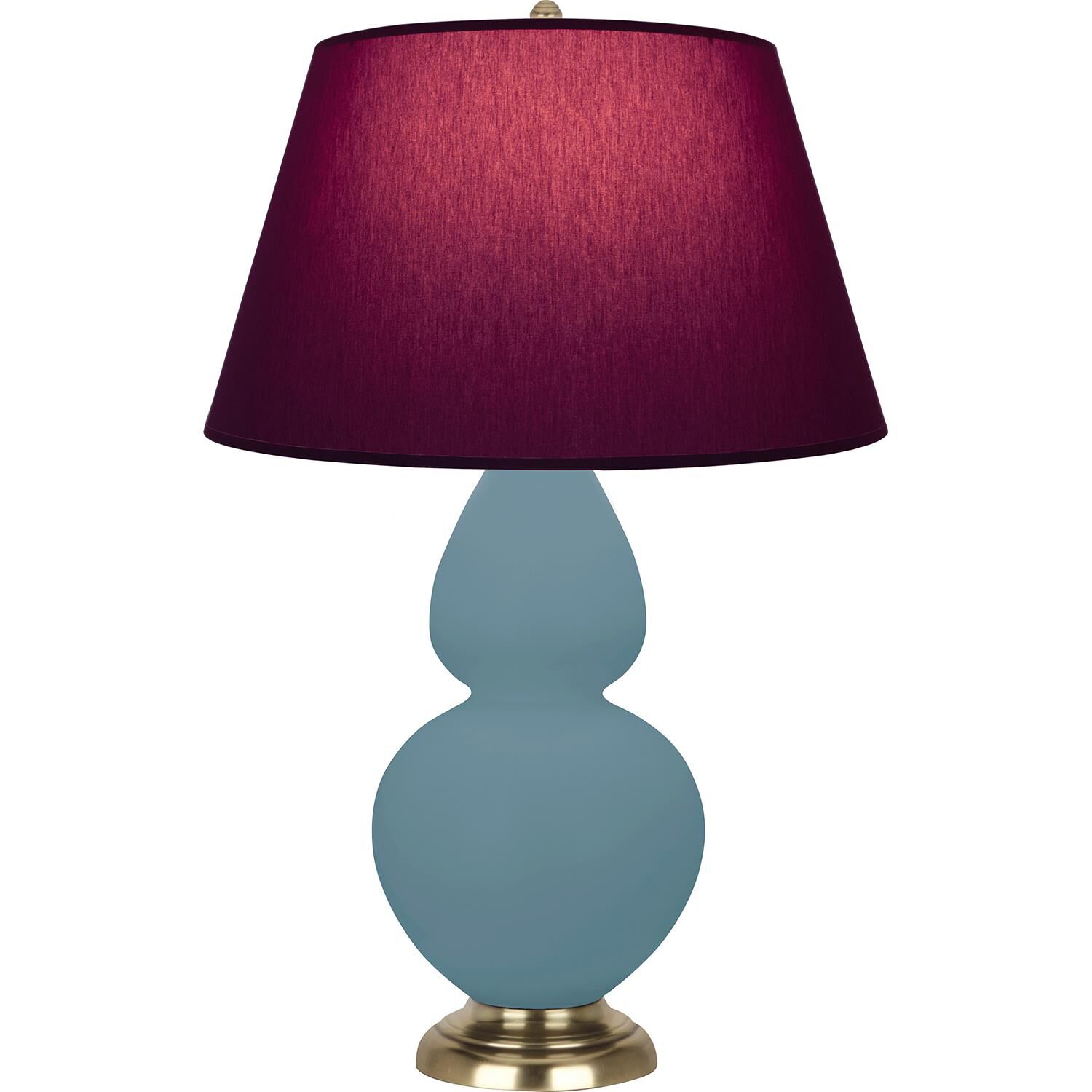 Shown in Matte Steel Blue finish and Plum and Lavender shade and Antique Brass accent