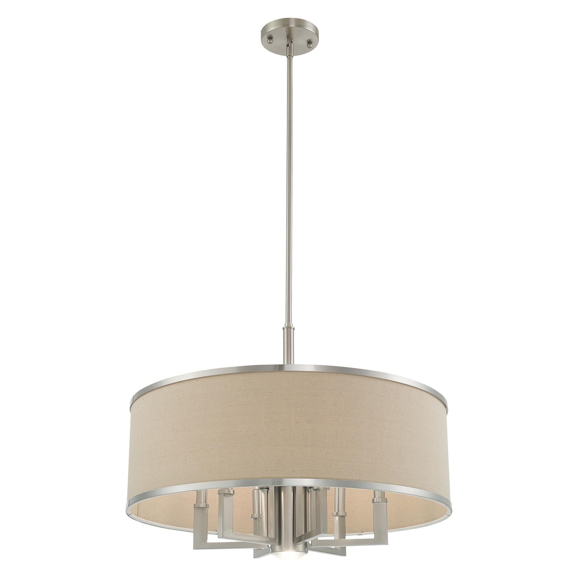 Shown in Brushed Nickel finish and Hand Crafted Ash-Gray Linen Fabric Hardback shade