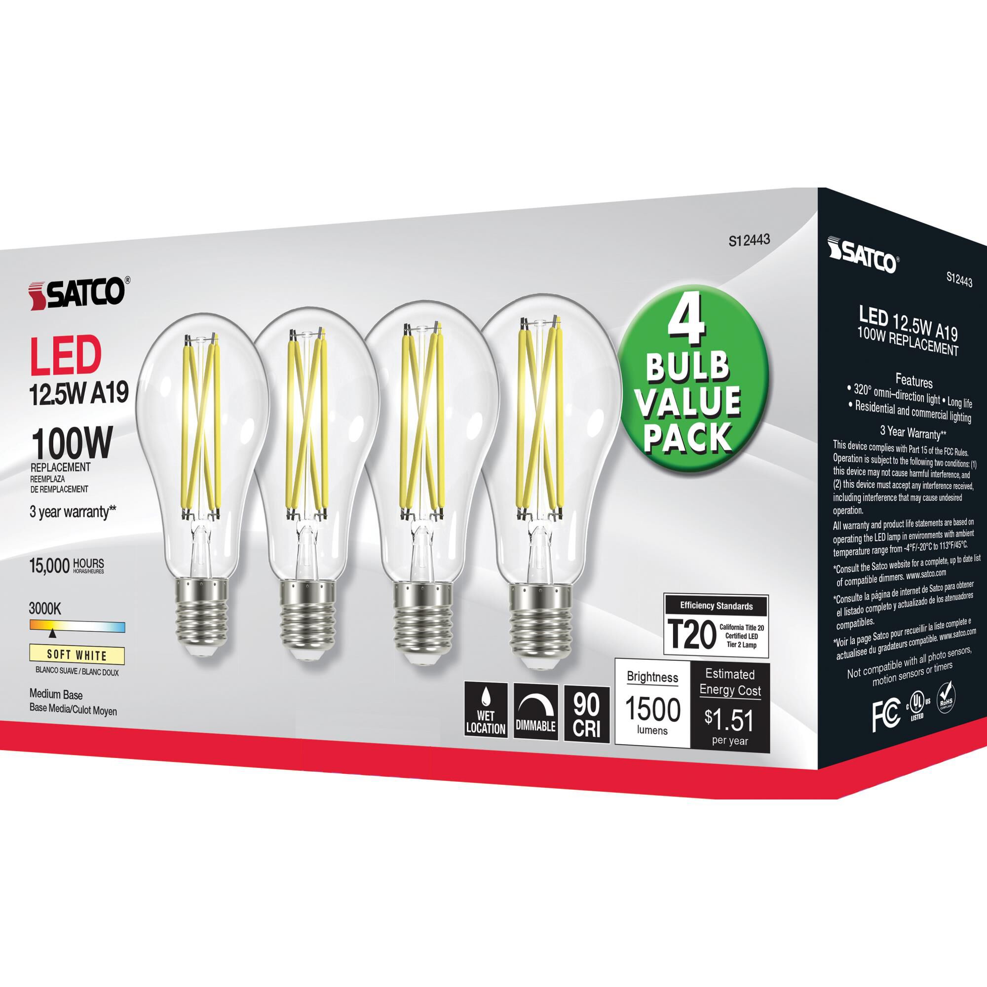 Dimmable 12.5 Watt 3000K A19 LED Light Bulb,