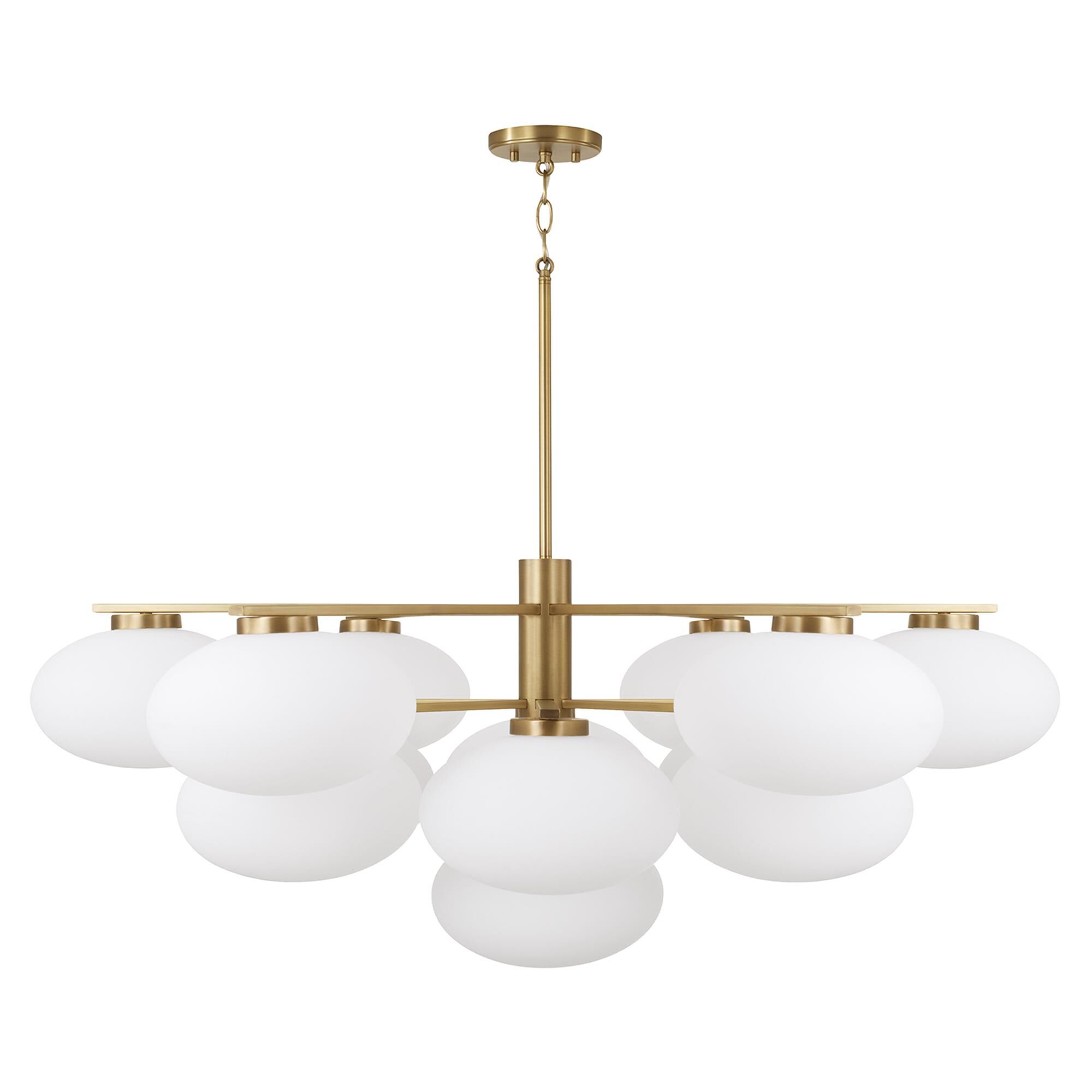 Shown in Aged Brass finish and Soft White glass