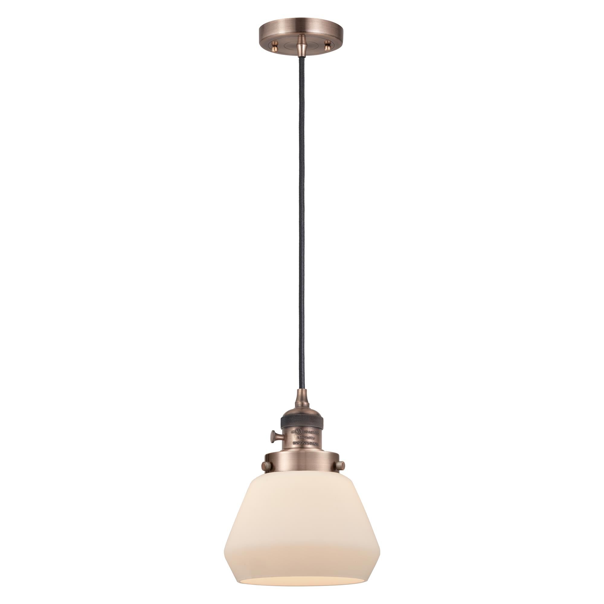 Shown in Antique Copper finish and Matte White glass
