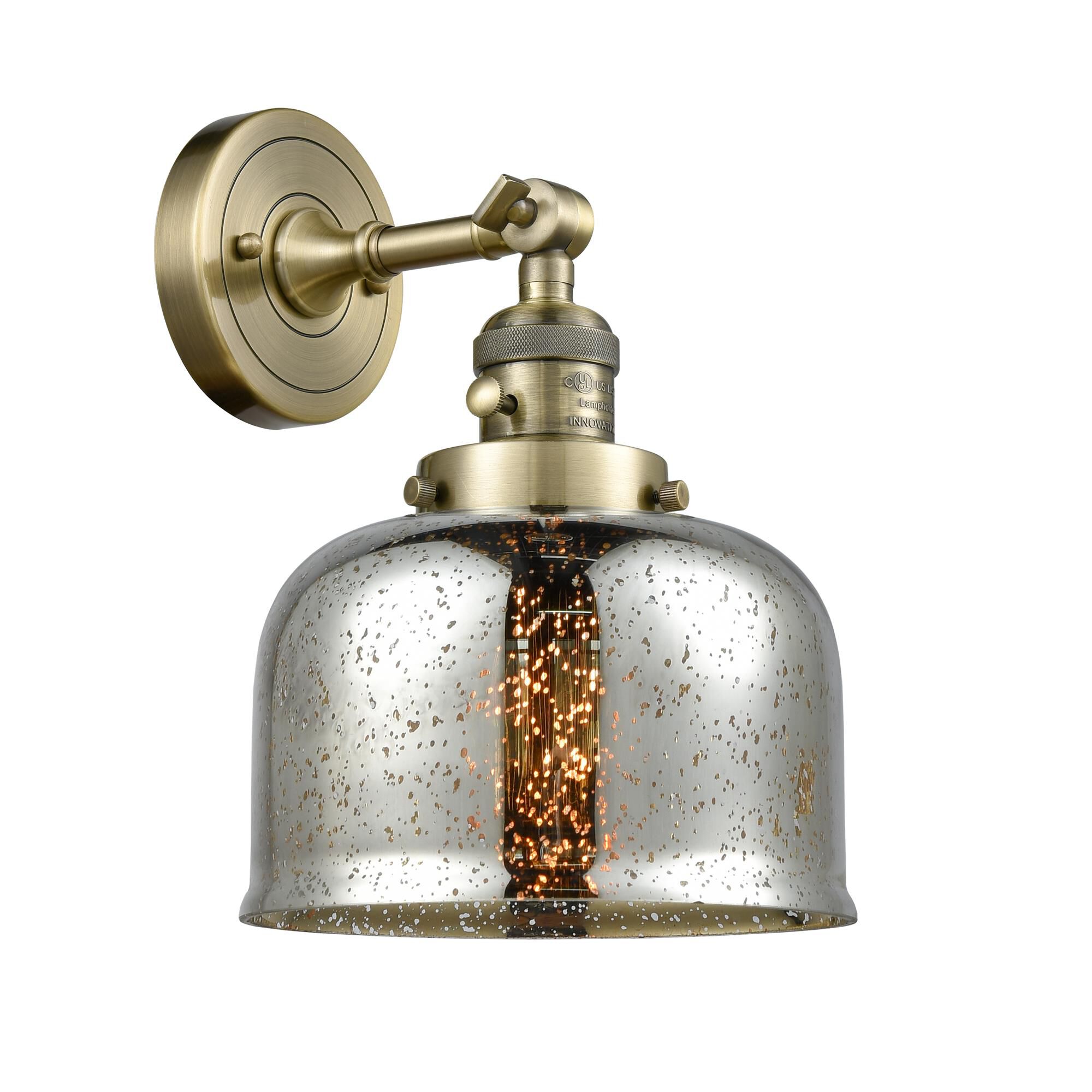 Shown in Antique Brass finish and Silver Plated Mercury Large Bell glass and Switch on Socket accent