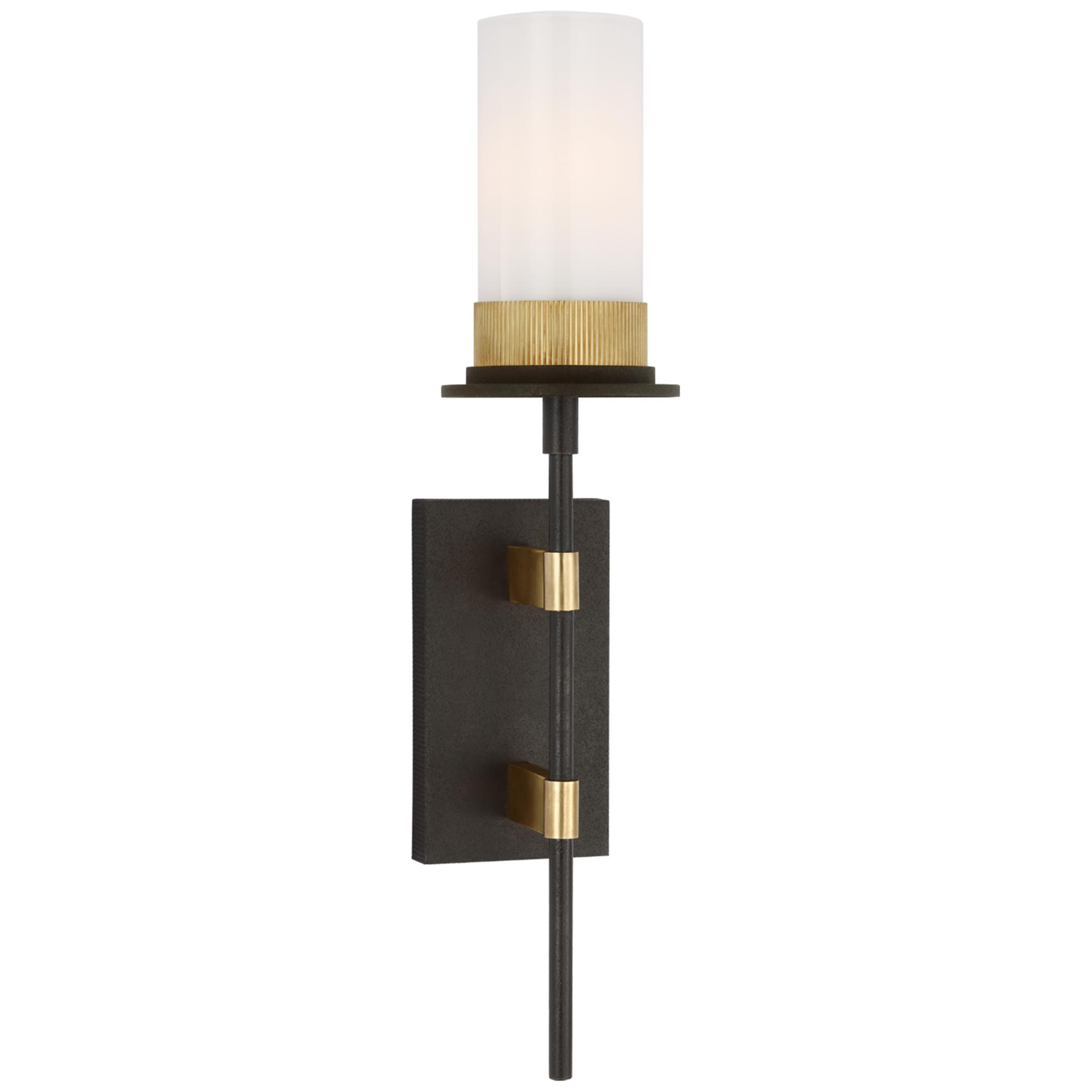 Shown in Warm Iron and Antique Brass finish and White glass