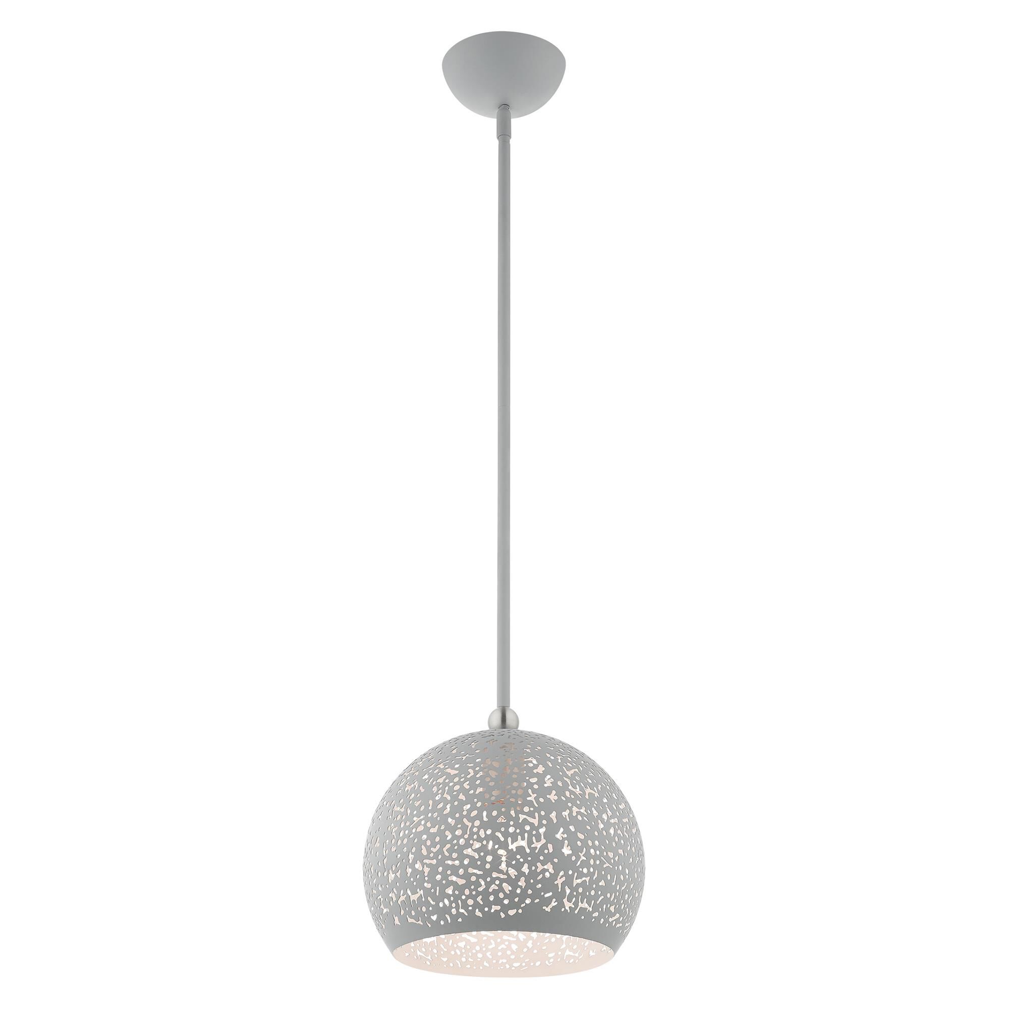 Shown in Nordic Gray With Brushed Nickel Accents finish and Nordic Gray Filigreed Metal Shade With White Finish Inside glass and Nordic Gray Filigreed Metal  With White Finish Inside shade