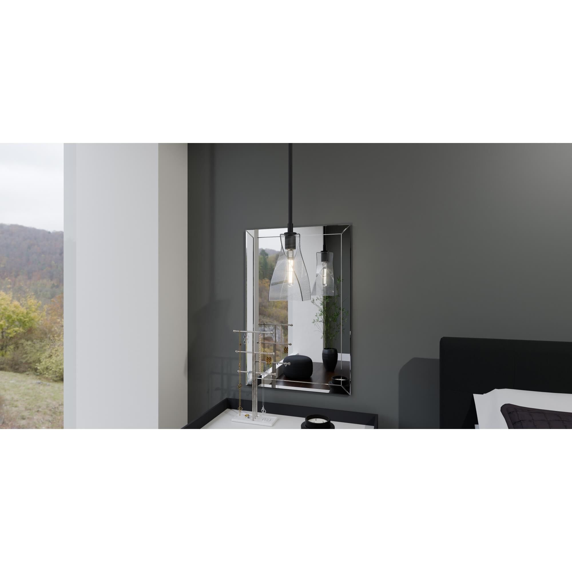 Shown in Matte Black finish and Clear Seedy glass