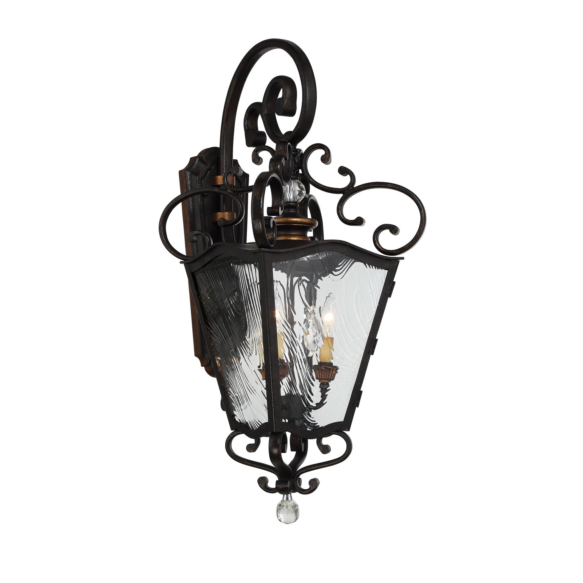 Shown in Terraza Village Aged Patina W/ finish and Water Printe glass and Glass shade