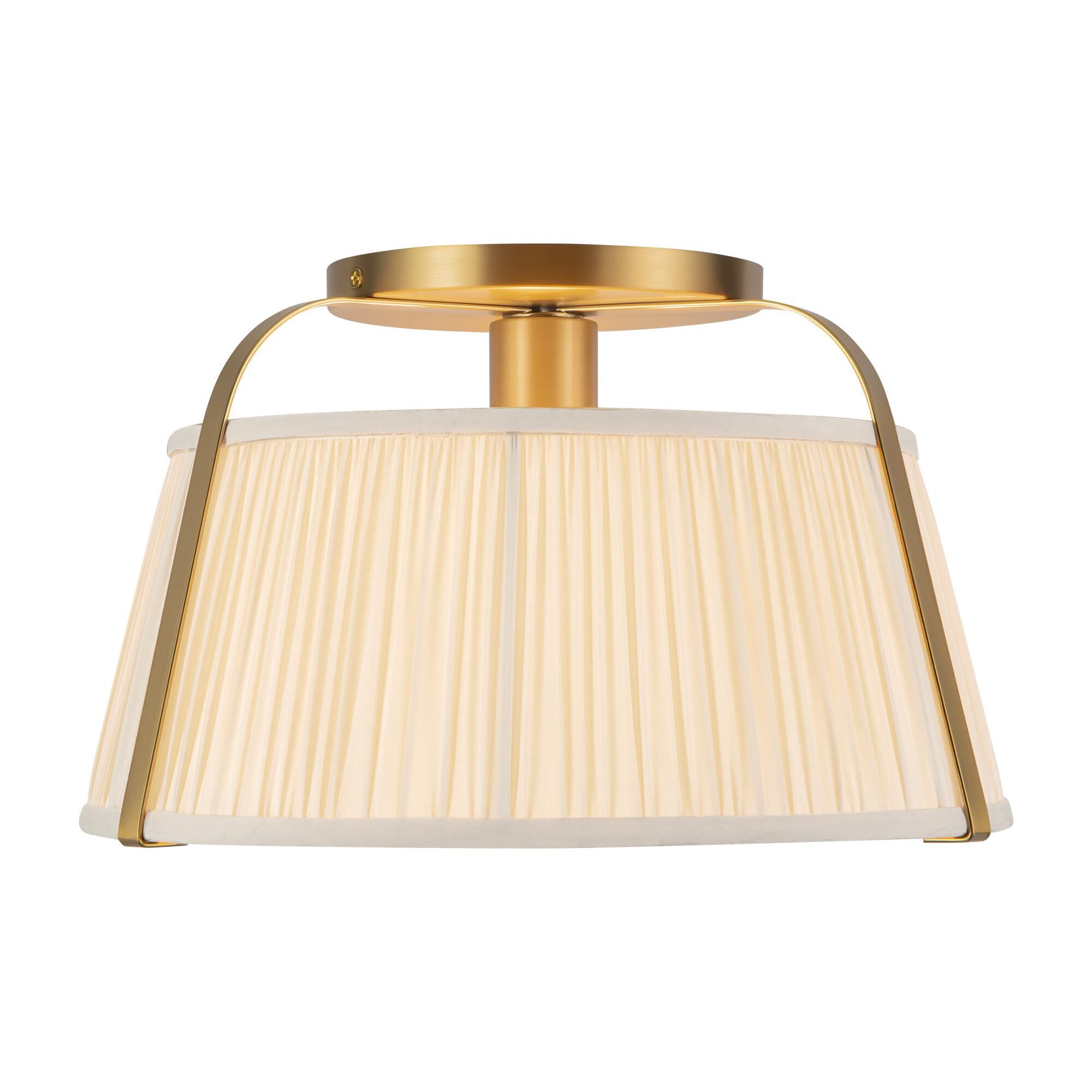 Shown in Brushed Gold finish and Frosted Polycarbonate Diffuser glass and White Linen shade