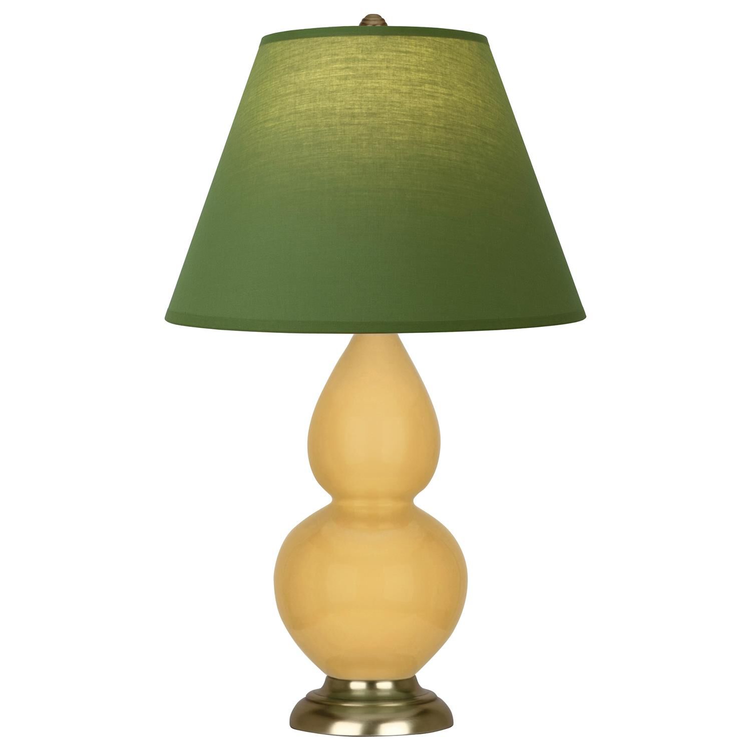 Shown in Sunset Yellow finish and Tea Green and Taupe shade and Antique Brass accent