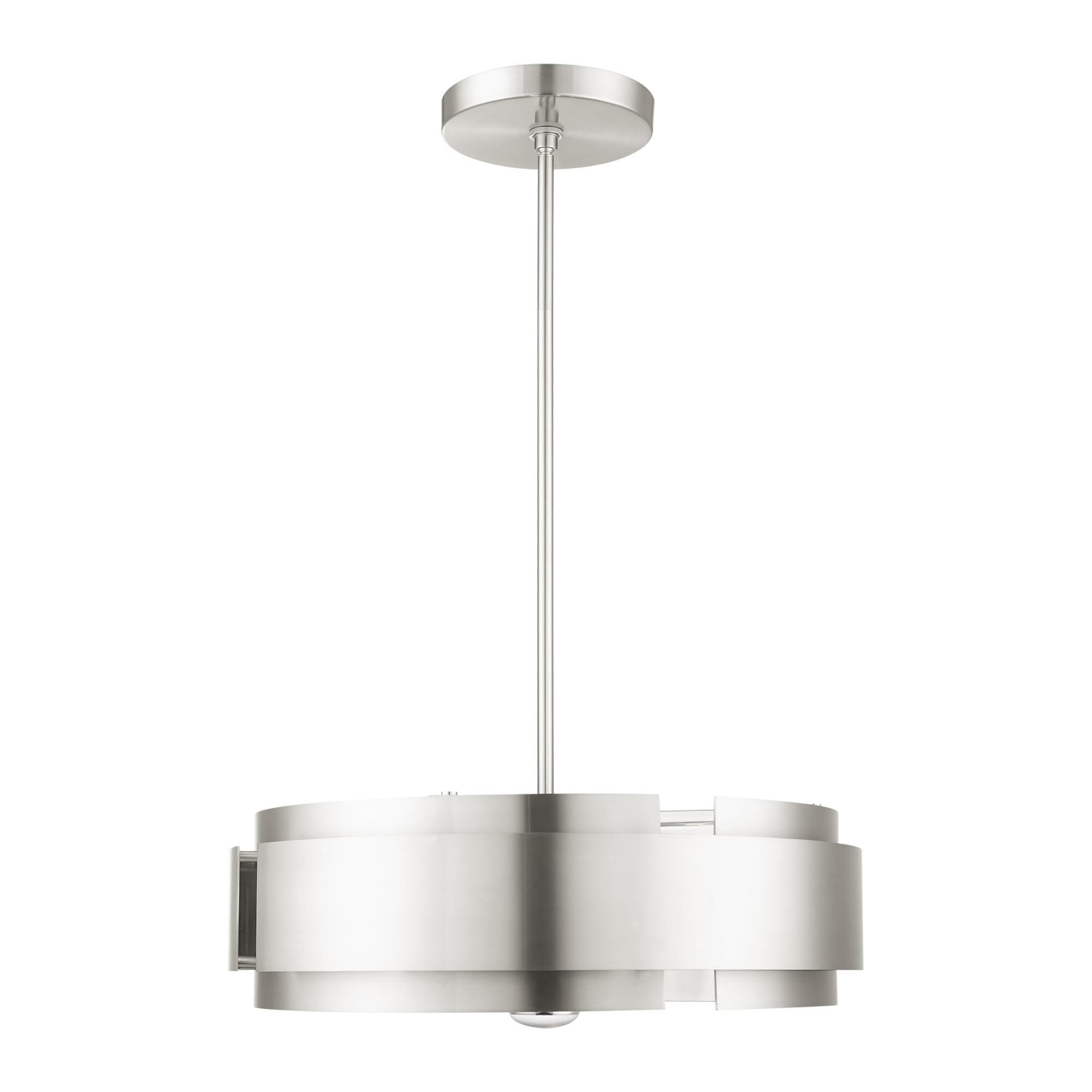 Shown in Brushed Nickel finish and Brushed Nickel Drum Shade glass and Brushed Nickel Drum shade