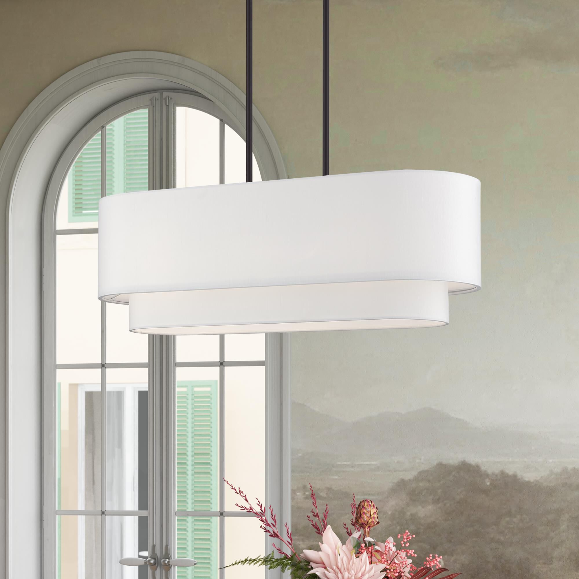 Shown in Bronze finish and Hand Crafted Off-White Fabric Hardbacks with White Fabric Inside shade