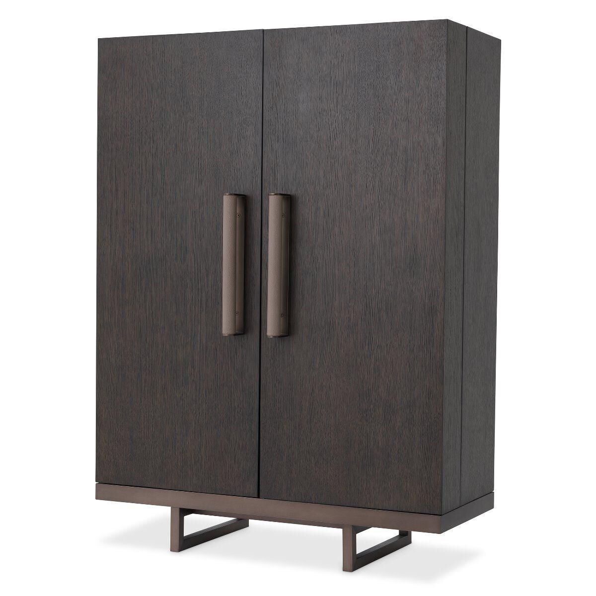 Shown in Mocha Straight Oak Veneer | Medium Bronze Finish | Grey Leather Look Handles finish