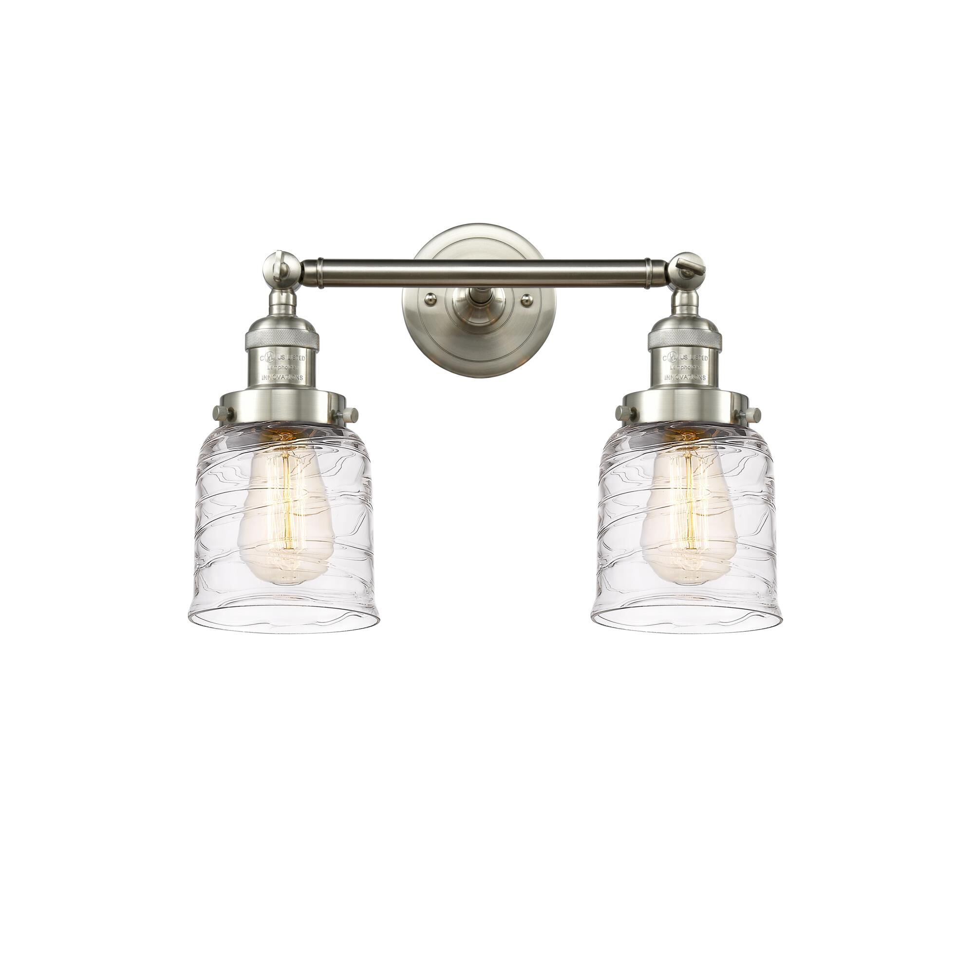 Shown in Brushed Satin Nickel finish and Clear Deco Swirl Small Bell glass