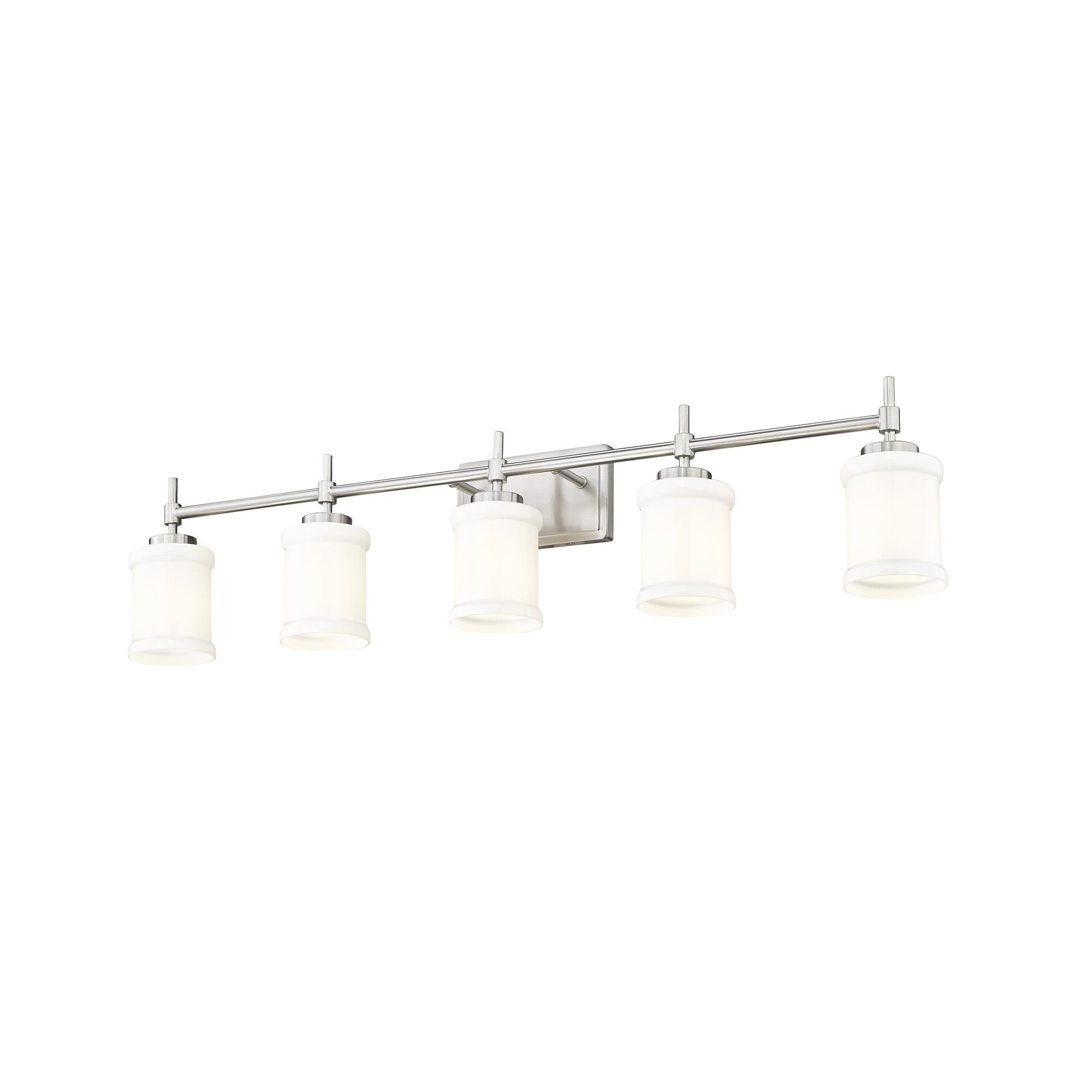 Shown in Brushed Nickel finish and Gloss Opal glass and Gloss Opal shade