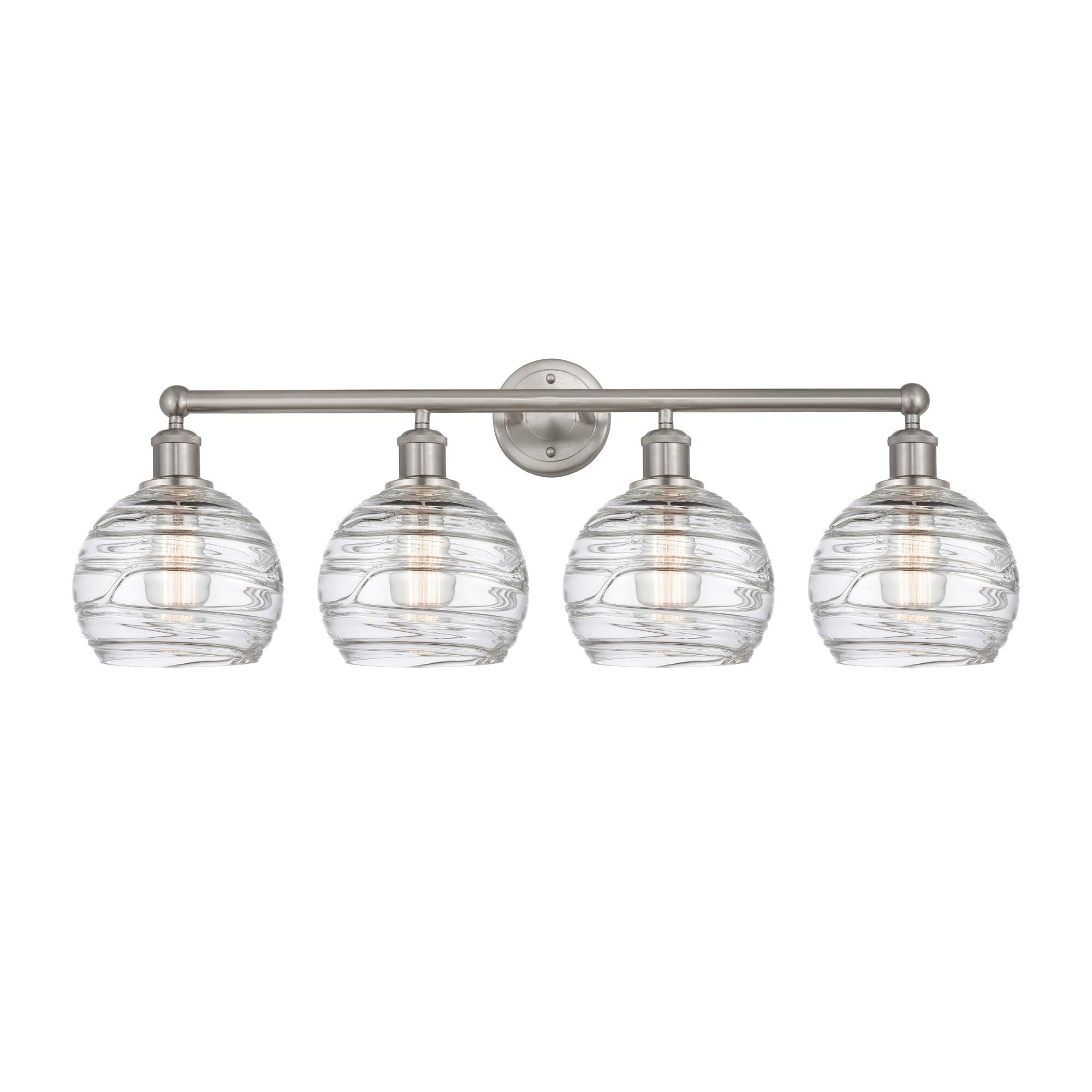 Shown in Satin Nickel finish and Clear Deco Swirl glass