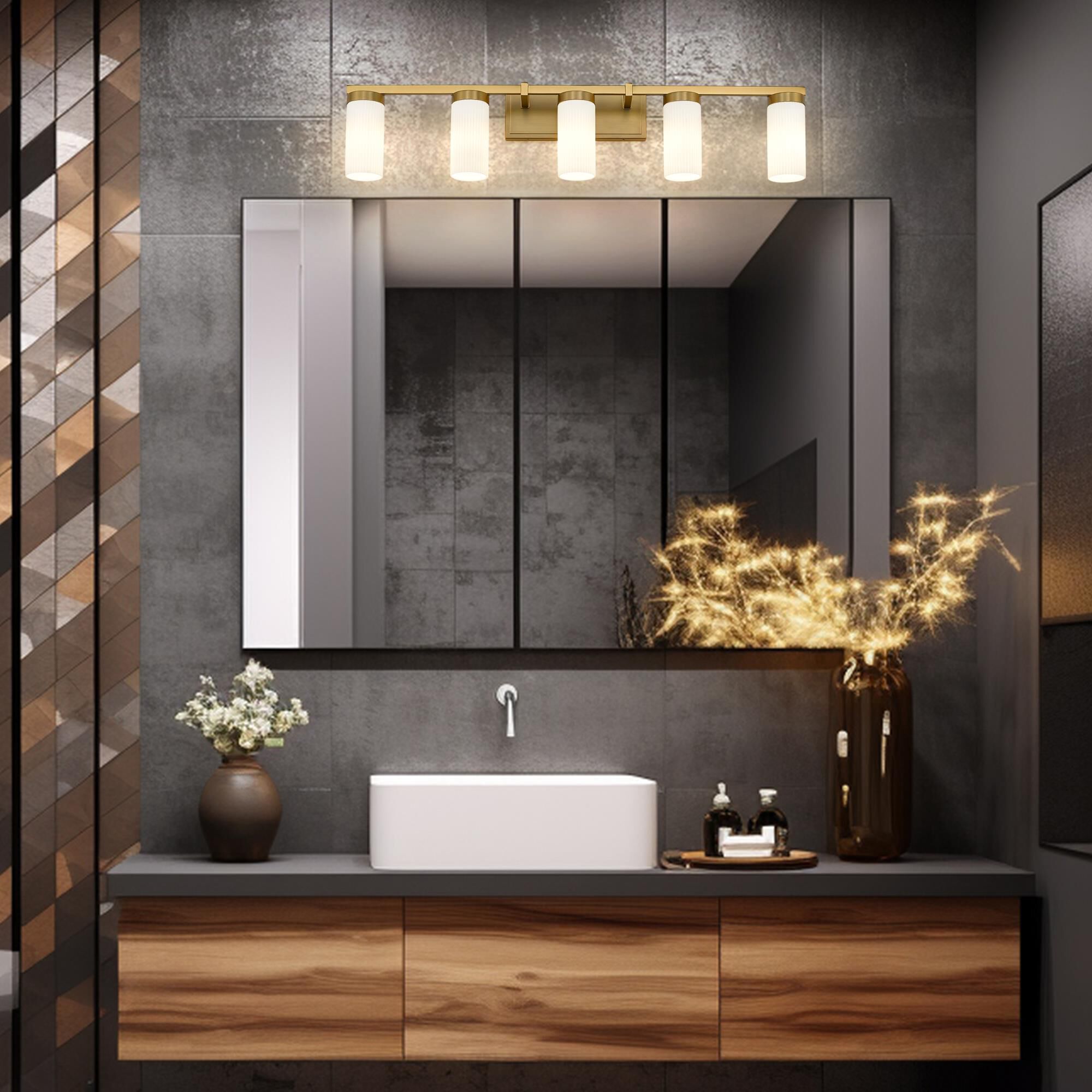 Shown in Modern Gold finish and White glass