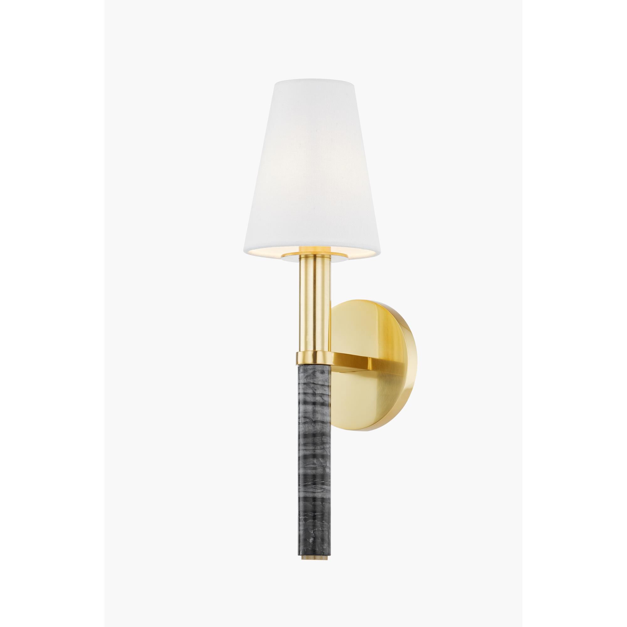 Shown in Aged Brass finish and White Linen shade