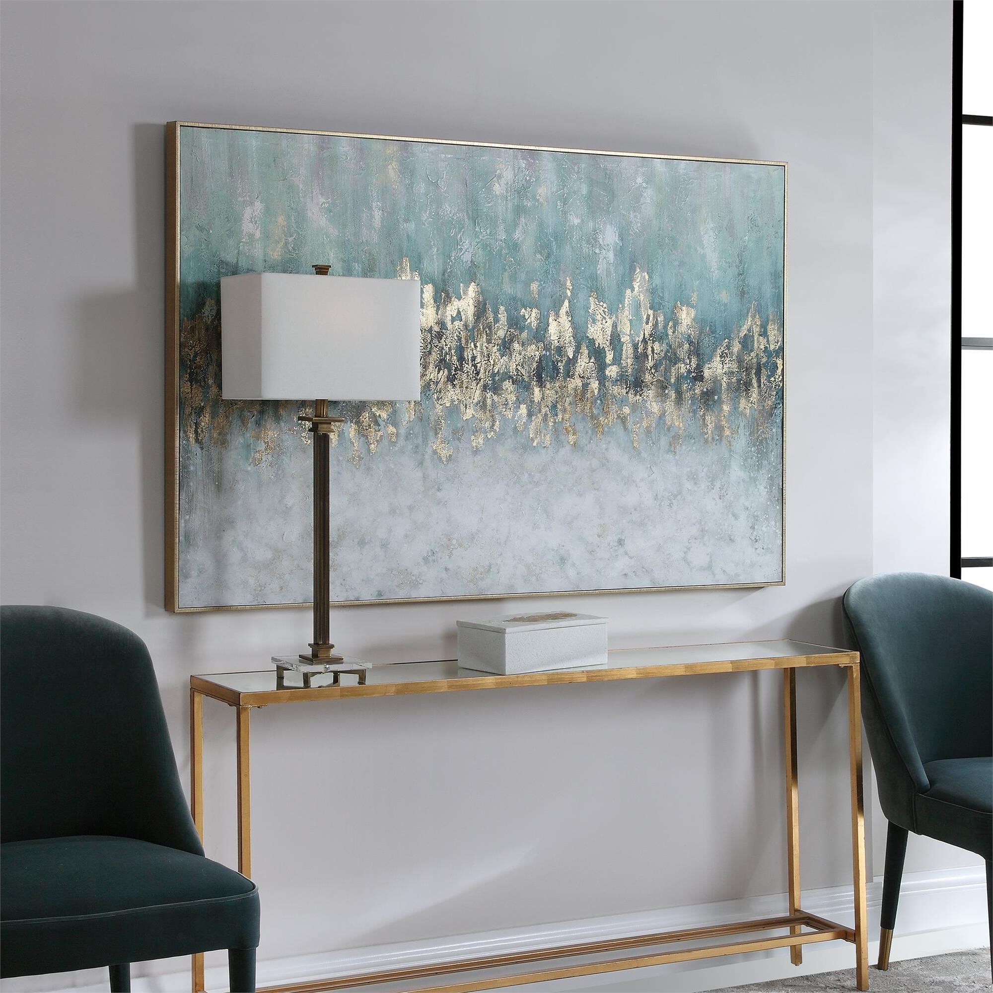 Shown in Gold Gallery Frame, Greens, Blues, Gray And White, Subtle Pink Highlights At Top And Metallic Gold L finish