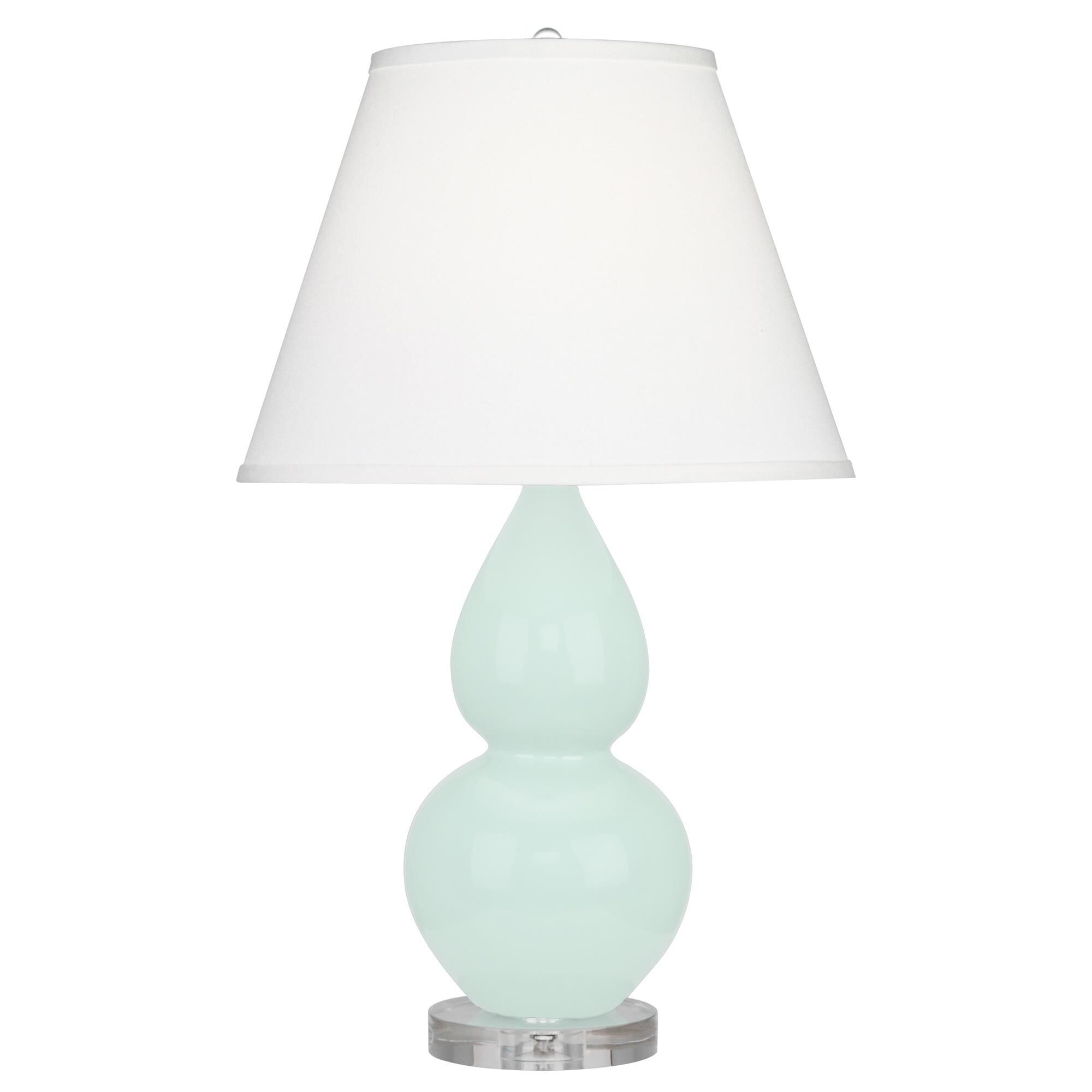 Shown in Mint Glazed finish and Pearl Dupioni shade and Lucite accent