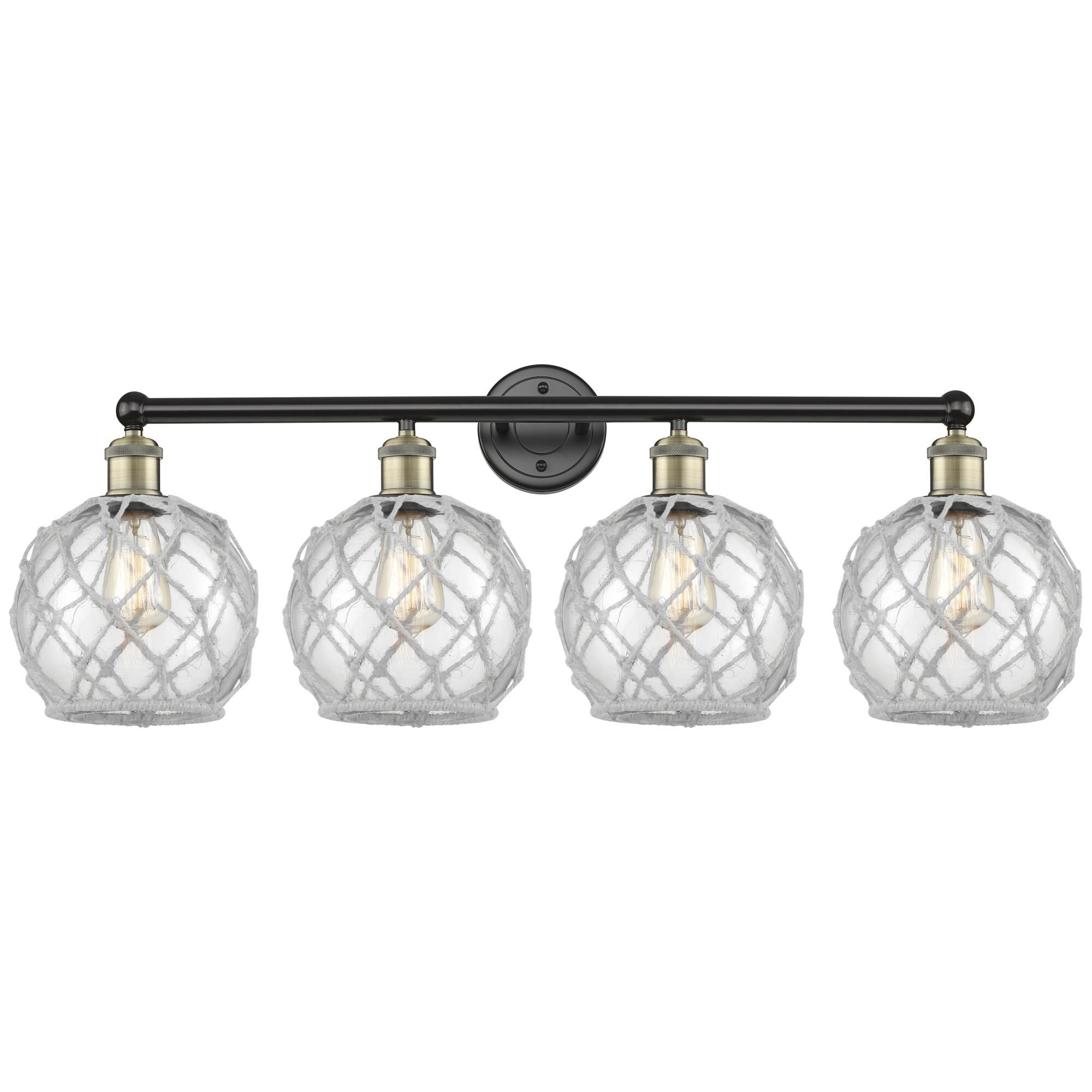 Shown in Black Antique Brass finish and Clear with White Rope glass