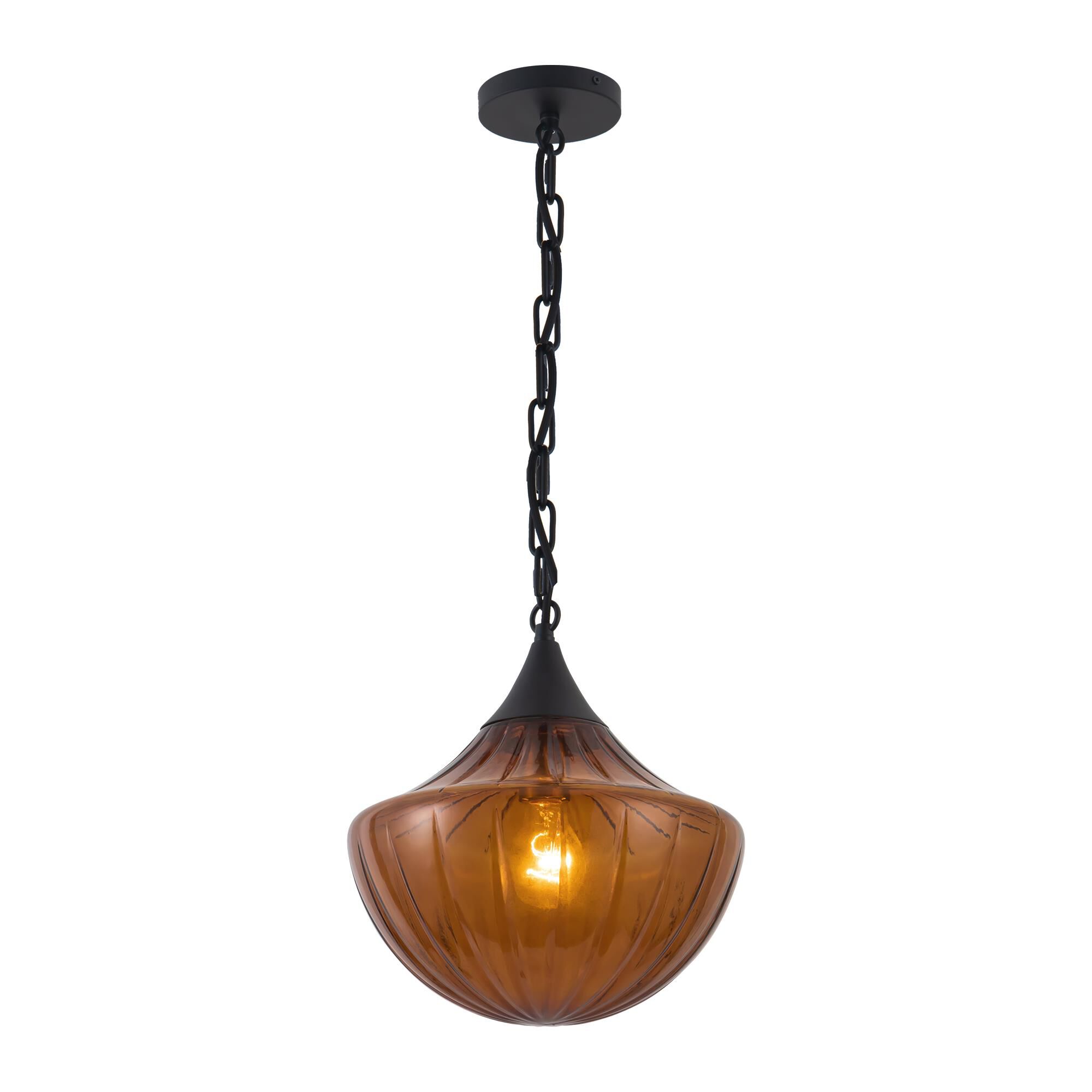Shown in Matte Black finish and Amber Ribbed glass
