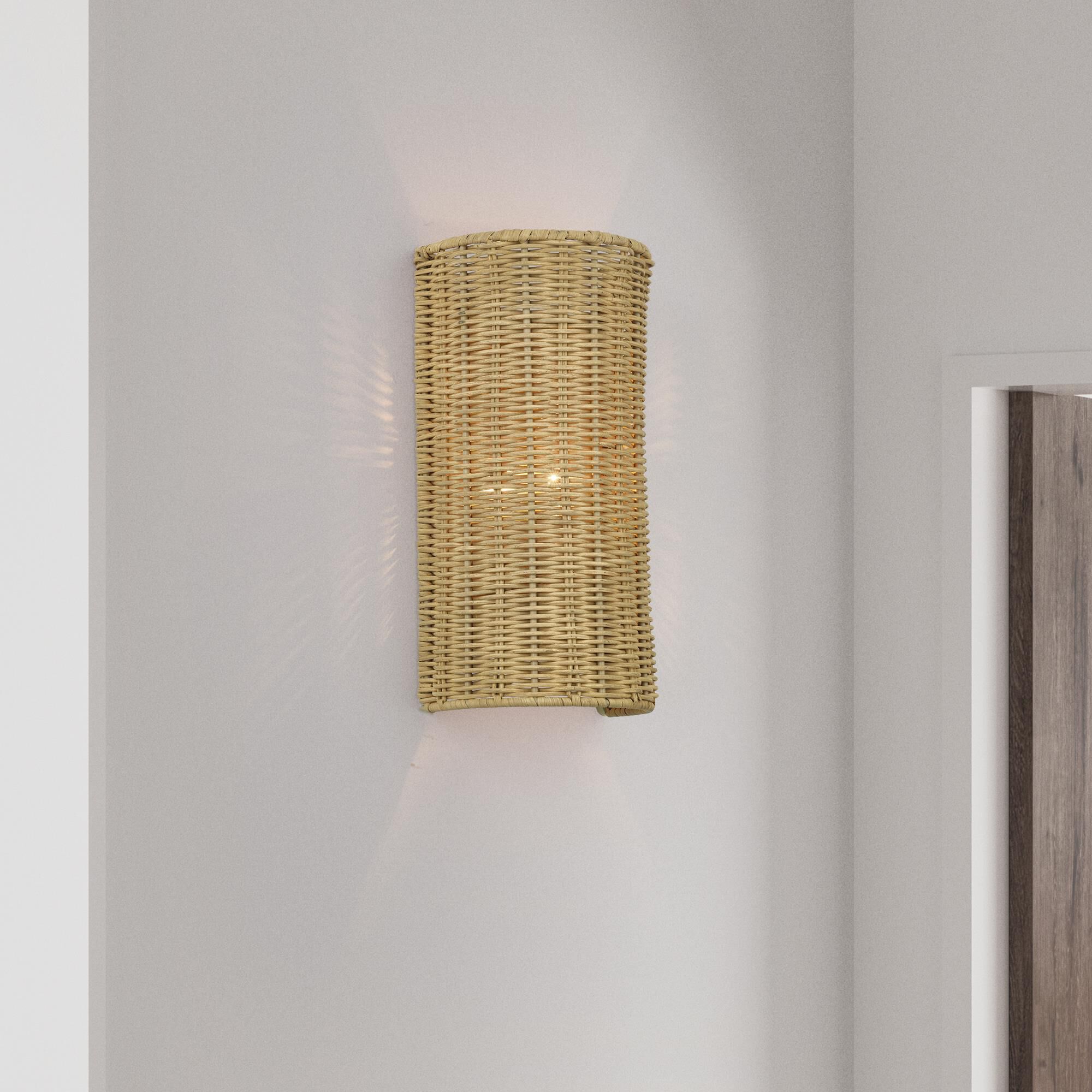 Shown in Antique Gold Leaf finish and Hand-Woven Rustic Walnut Color Rattan shade