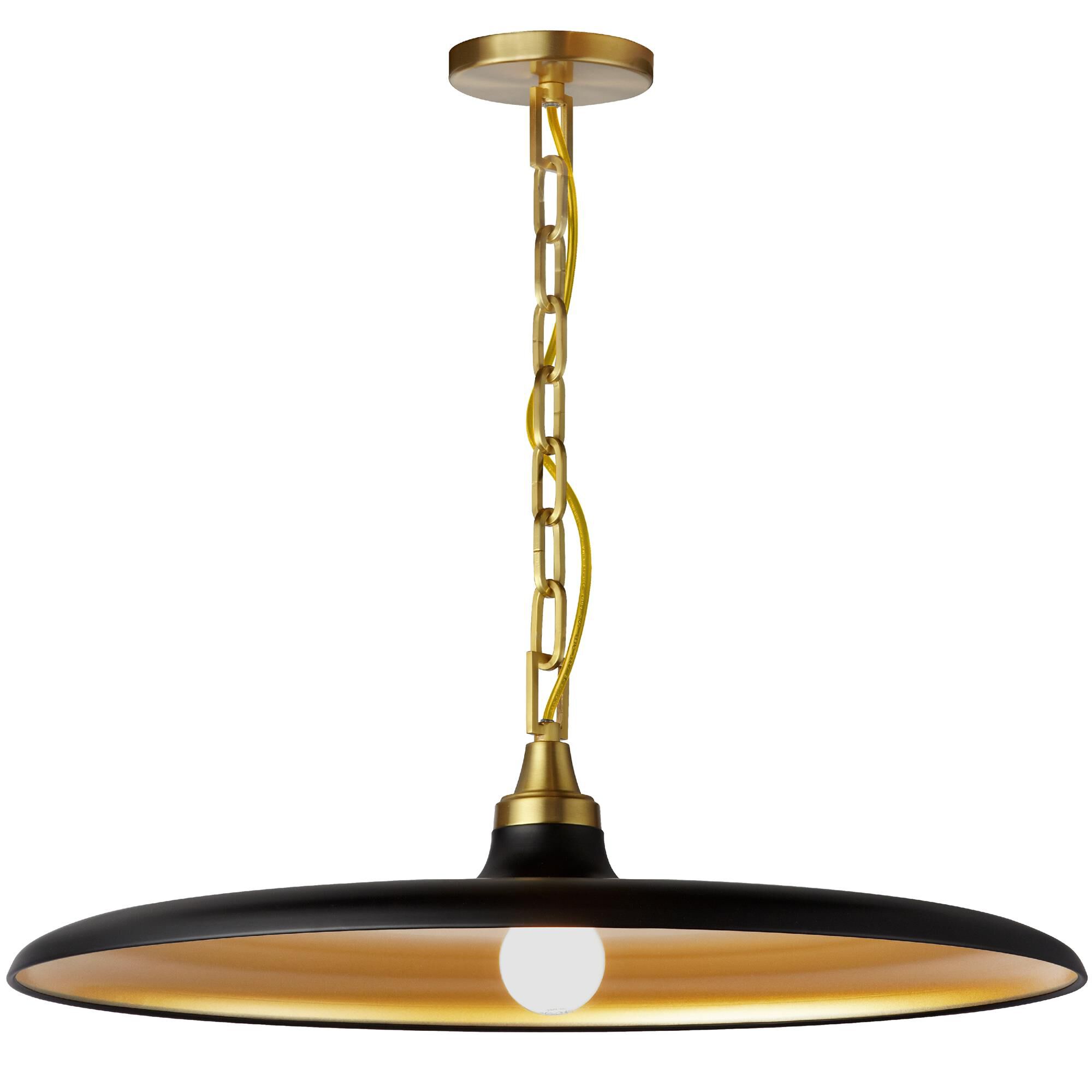 Shown in Aged Brass finish and Matte Black/Gold shade