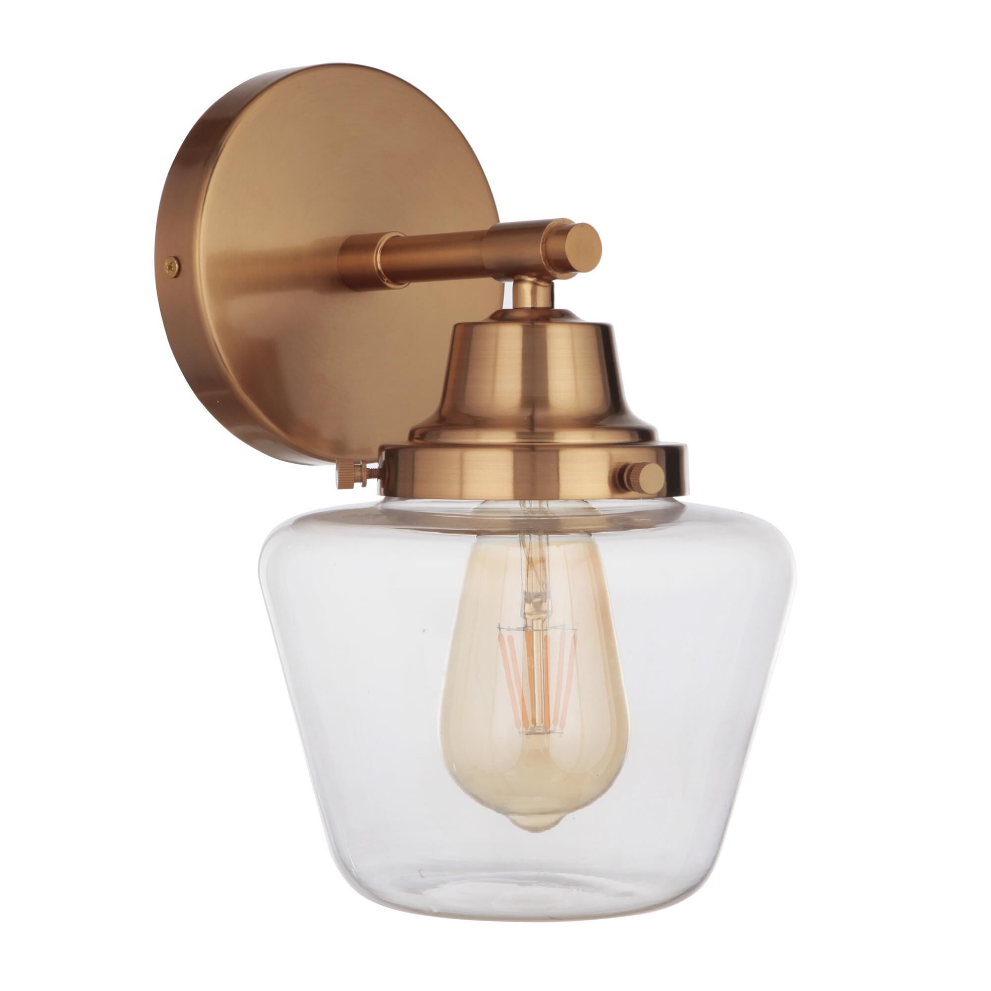 Shown in Satin Brass finish and Clear glass and Glass shade