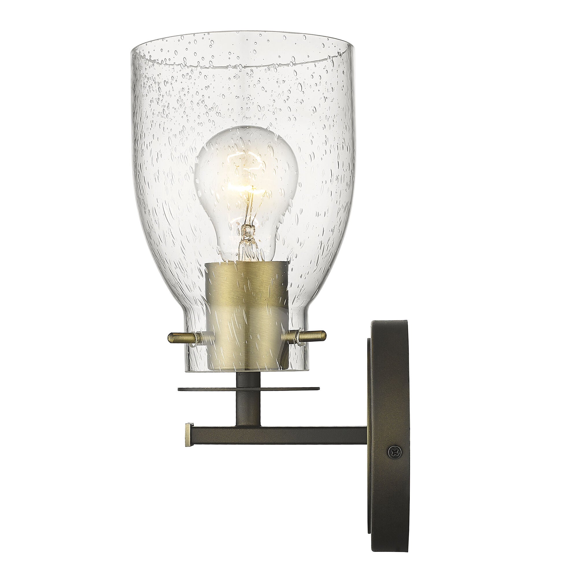 Shown in Oil Rubbed Bronze And Antique Brass finish and Clear Seedy Glass shade