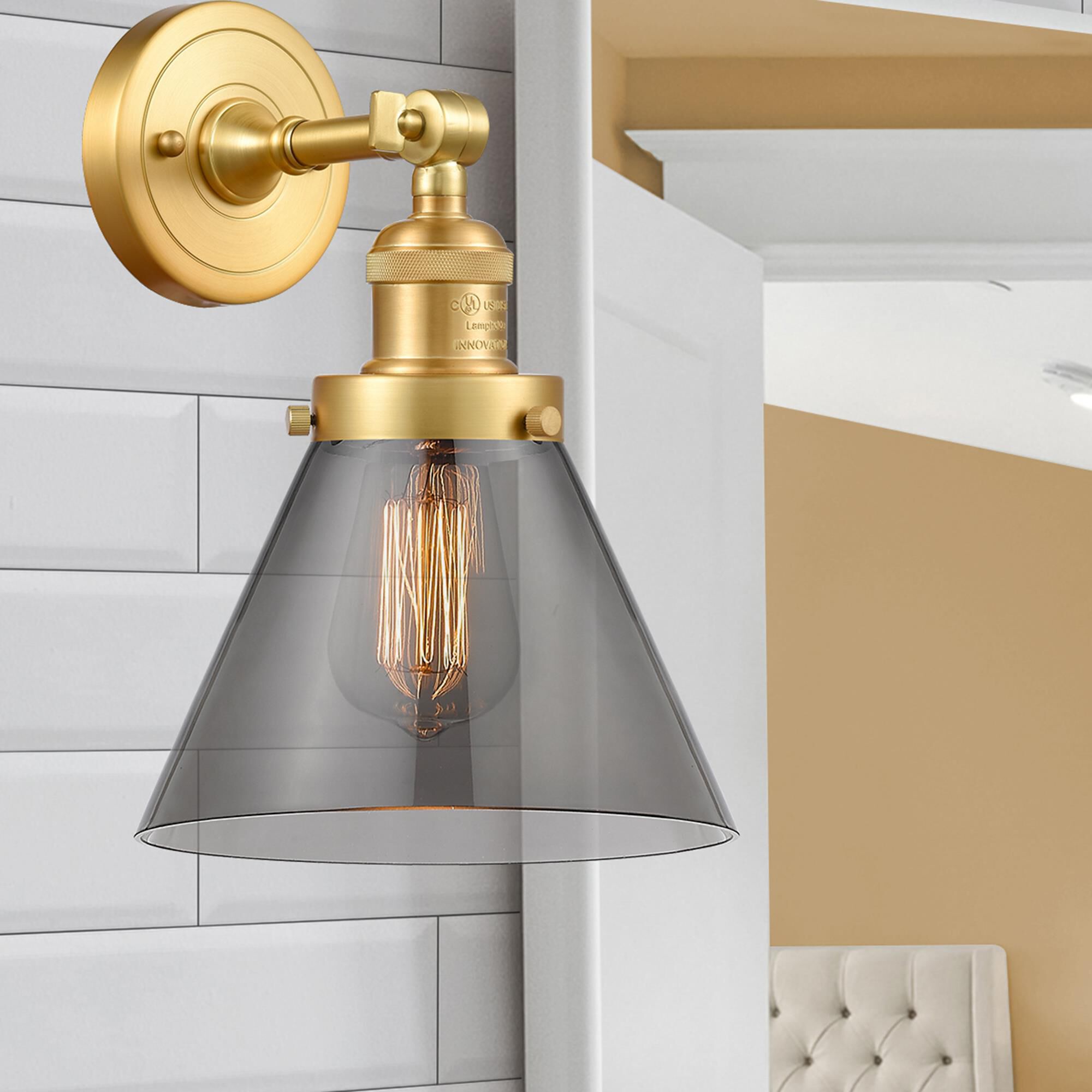 Shown in Satin Gold finish and Plated Smoke Large Cone glass