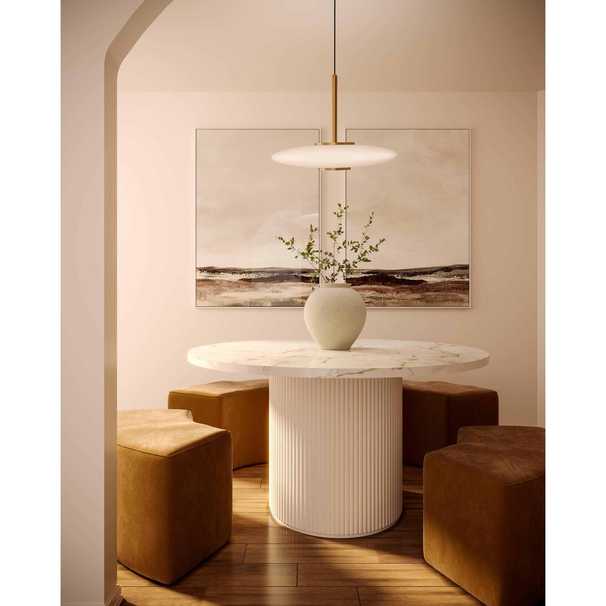 Shown in Vintage Brass finish and Glossy Opal and Clear Convex Lens glass