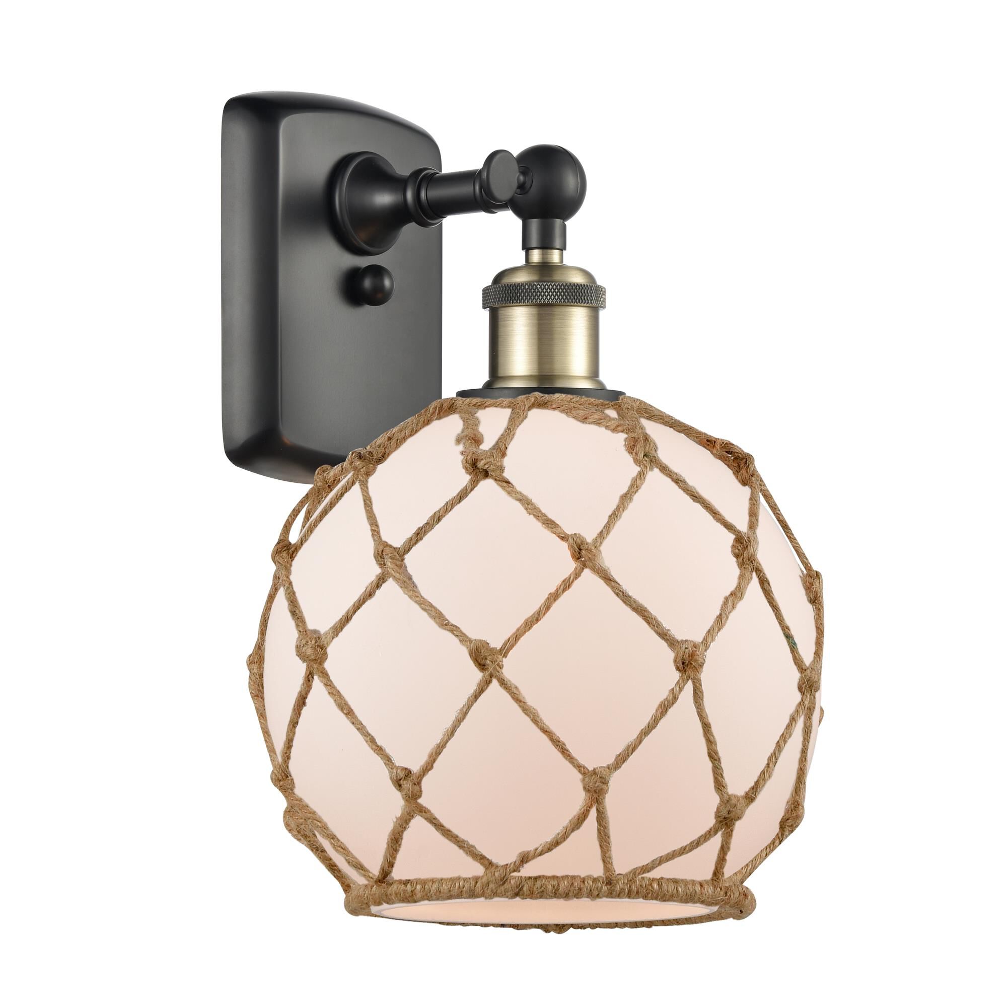 Shown in Black Antique Brass finish and Sphere glass and Glass And Rope shade