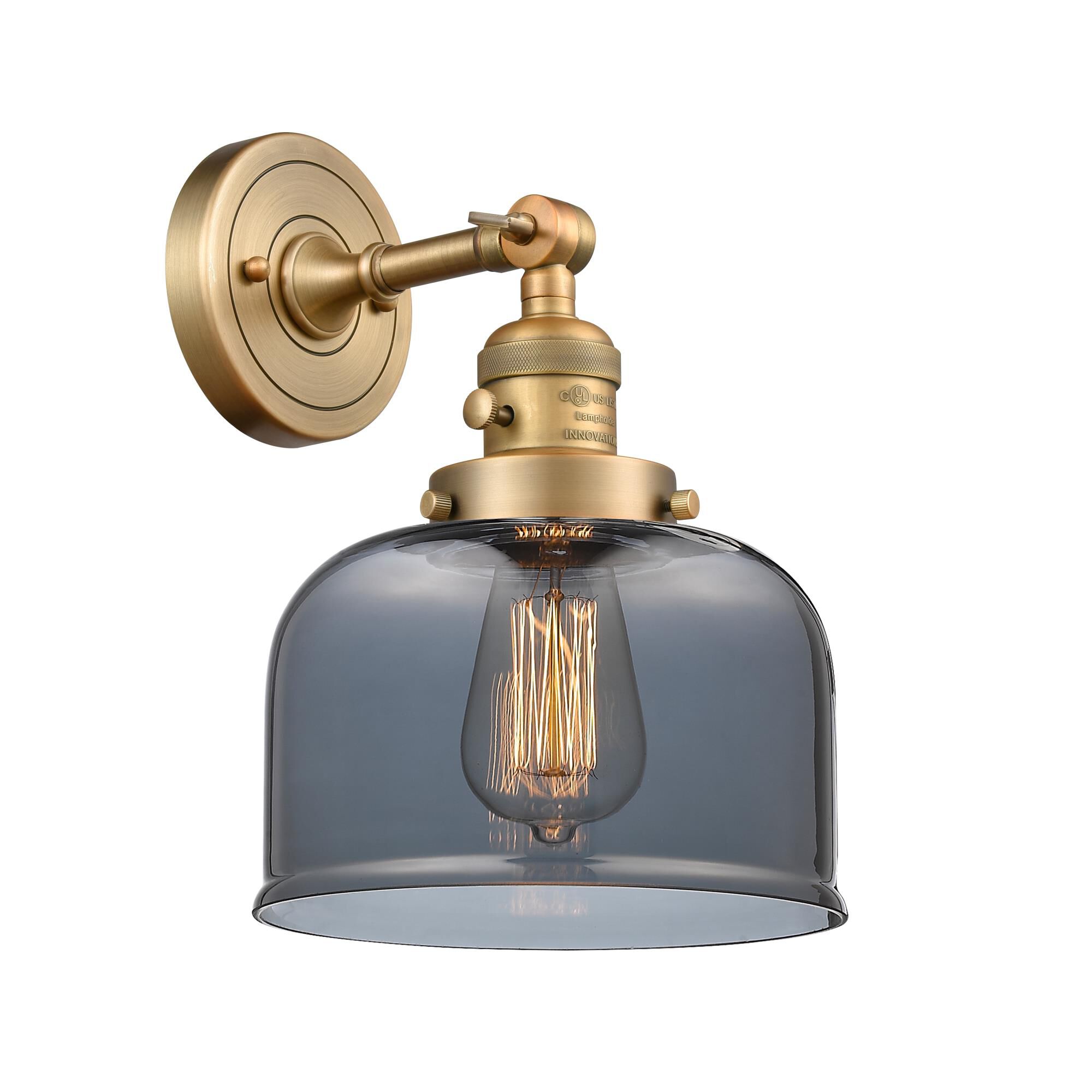 Shown in Brushed Brass finish and Plated Smoked glass and Switch on Socket accent