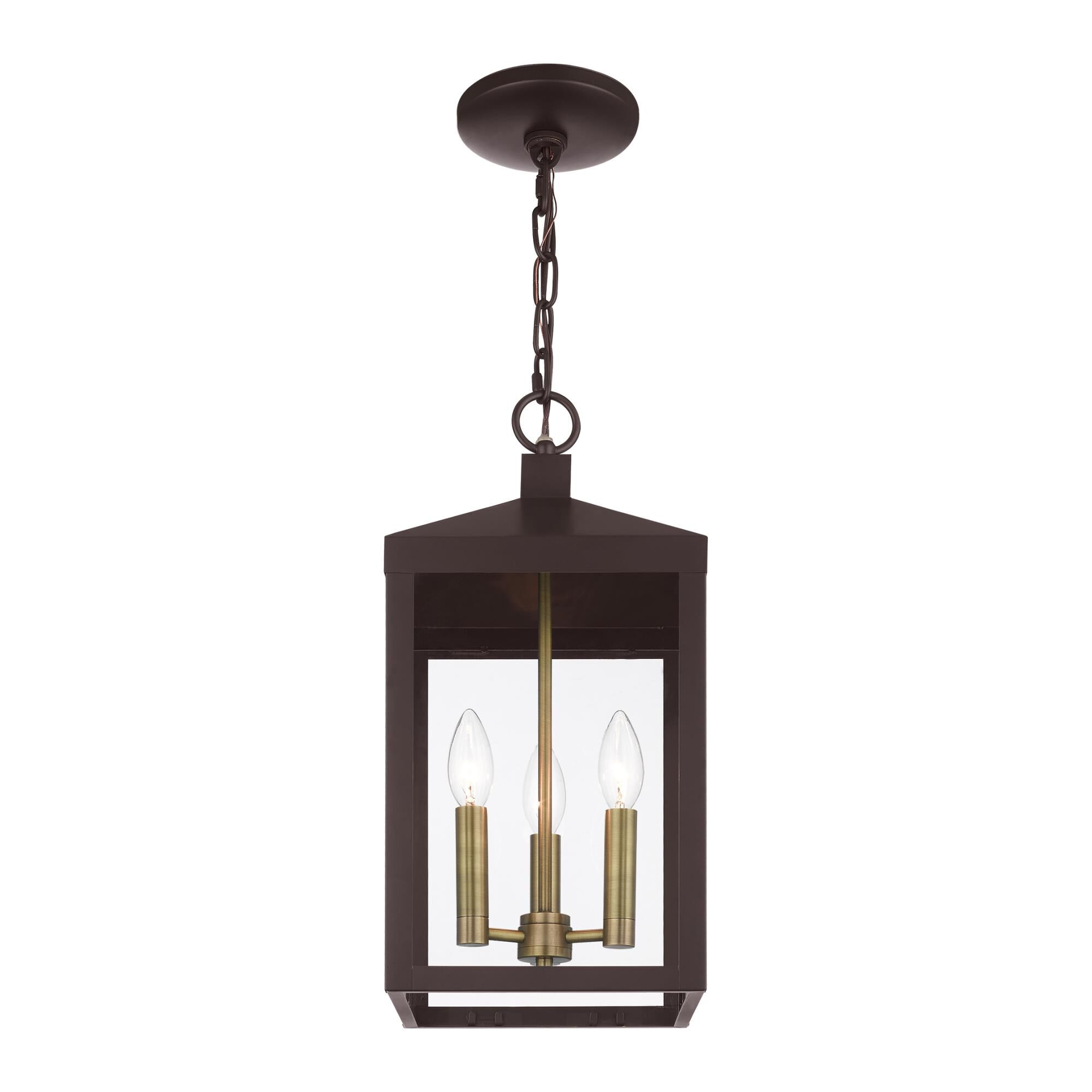 Shown in Bronze With Antique Brass Cluser finish and Clear glass and Clear Glass shade