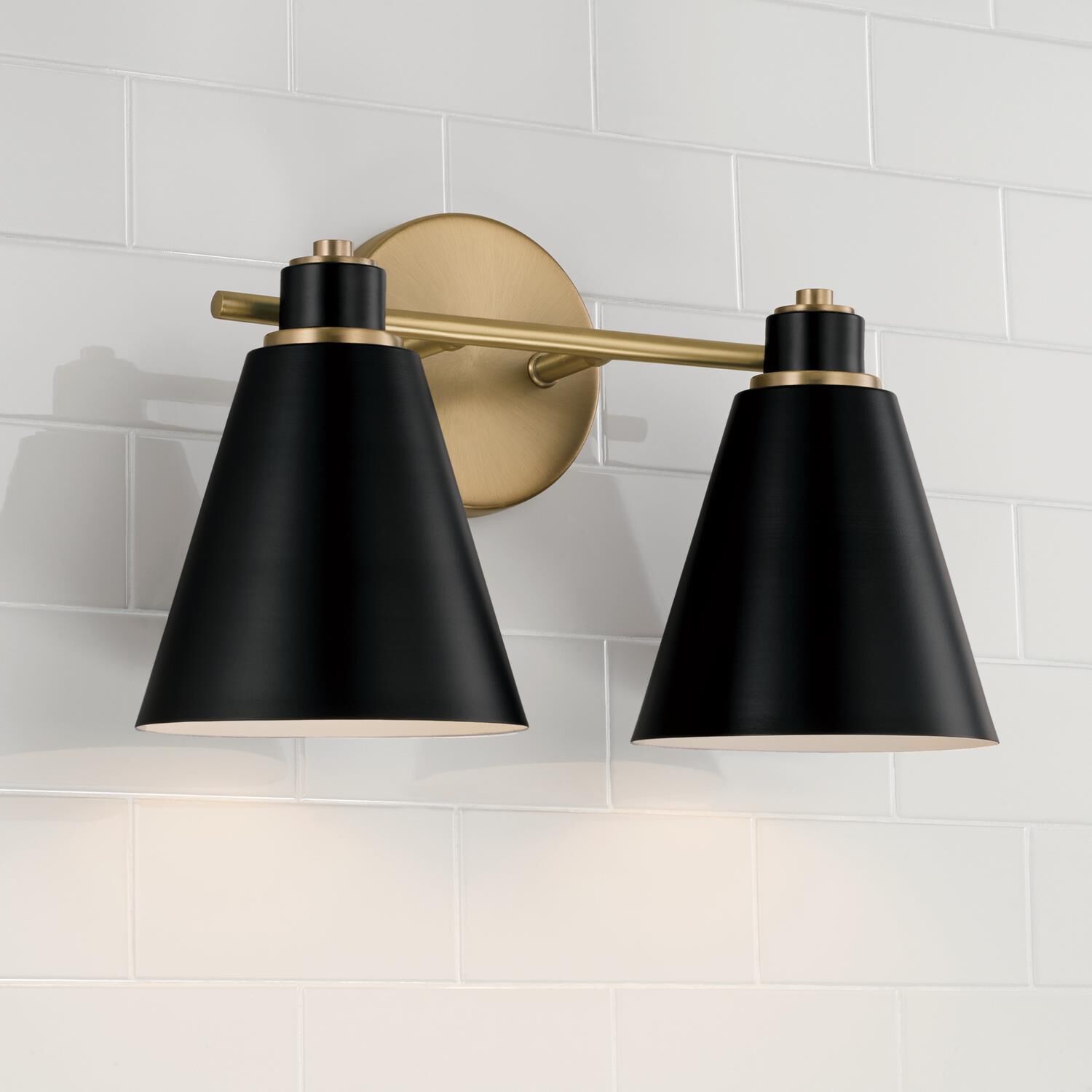 Shown in Aged Brass and Black finish and Black Metal  with White Interior shade